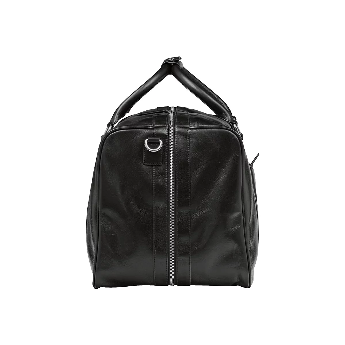 Schwarze Ledertasche, Frontansicht, Griff oben, Reißverschluss mittig.