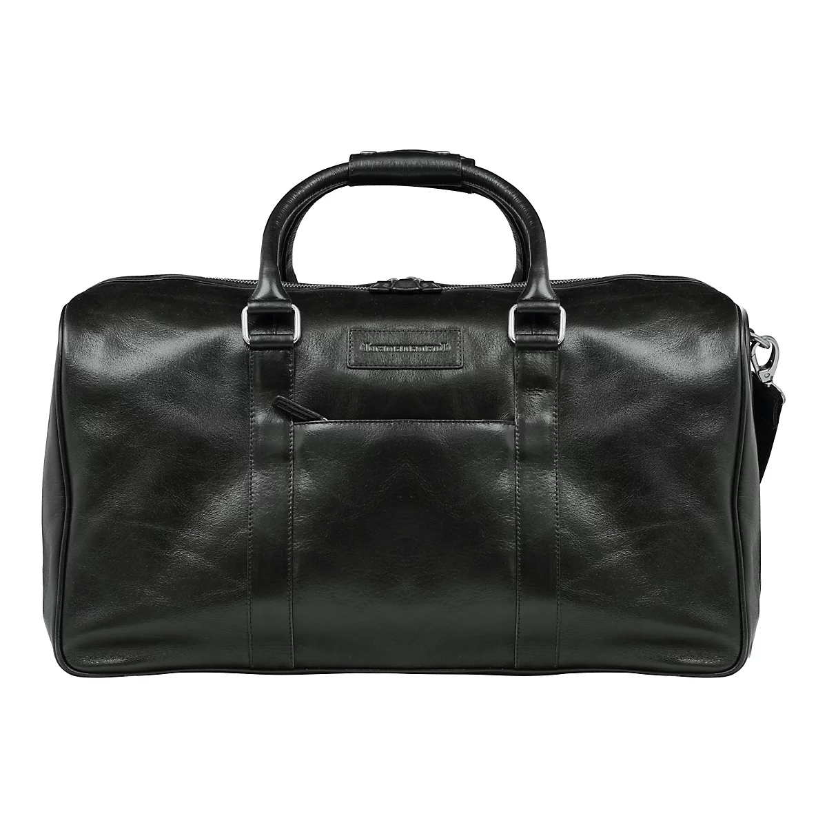 Schwarze Ledertasche mit zwei Griffen und Schulterriemen, Logo auf der Vorderseite.