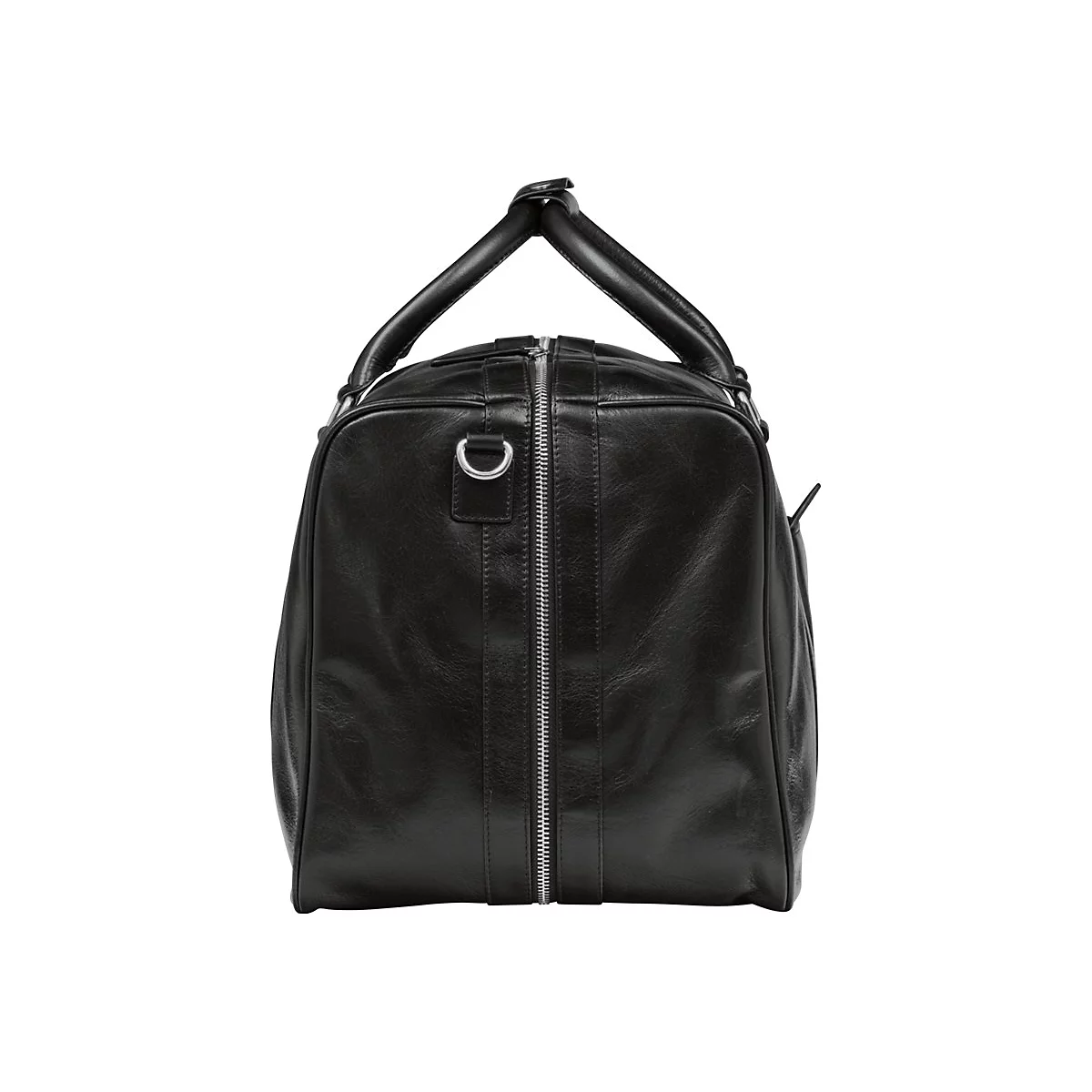 Schwarze Leder-Reisetasche, Detailansicht. Reißverschluss, Tragegriffe, und Schultergurt-Befestigung.