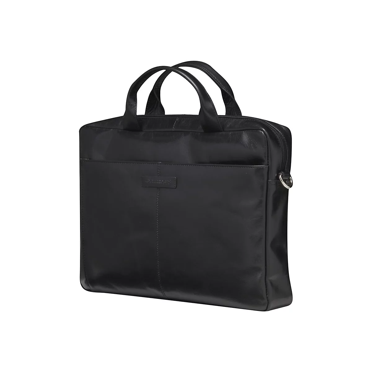 Schwarze Ledertasche mit zwei Griffen und Reißverschluss. Auf der Vorderseite befindet sich eine kleine Tasche und eine rechteckige Plakette mit Text.