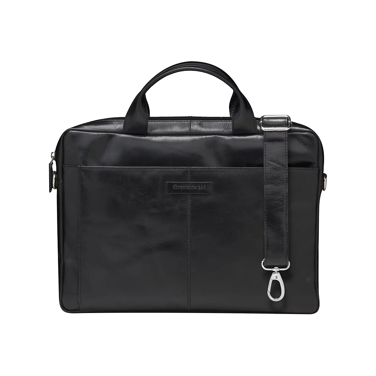 Schwarze Leder-Aktentasche mit Griffen und Schulterriemen, Logo-Prägung. 