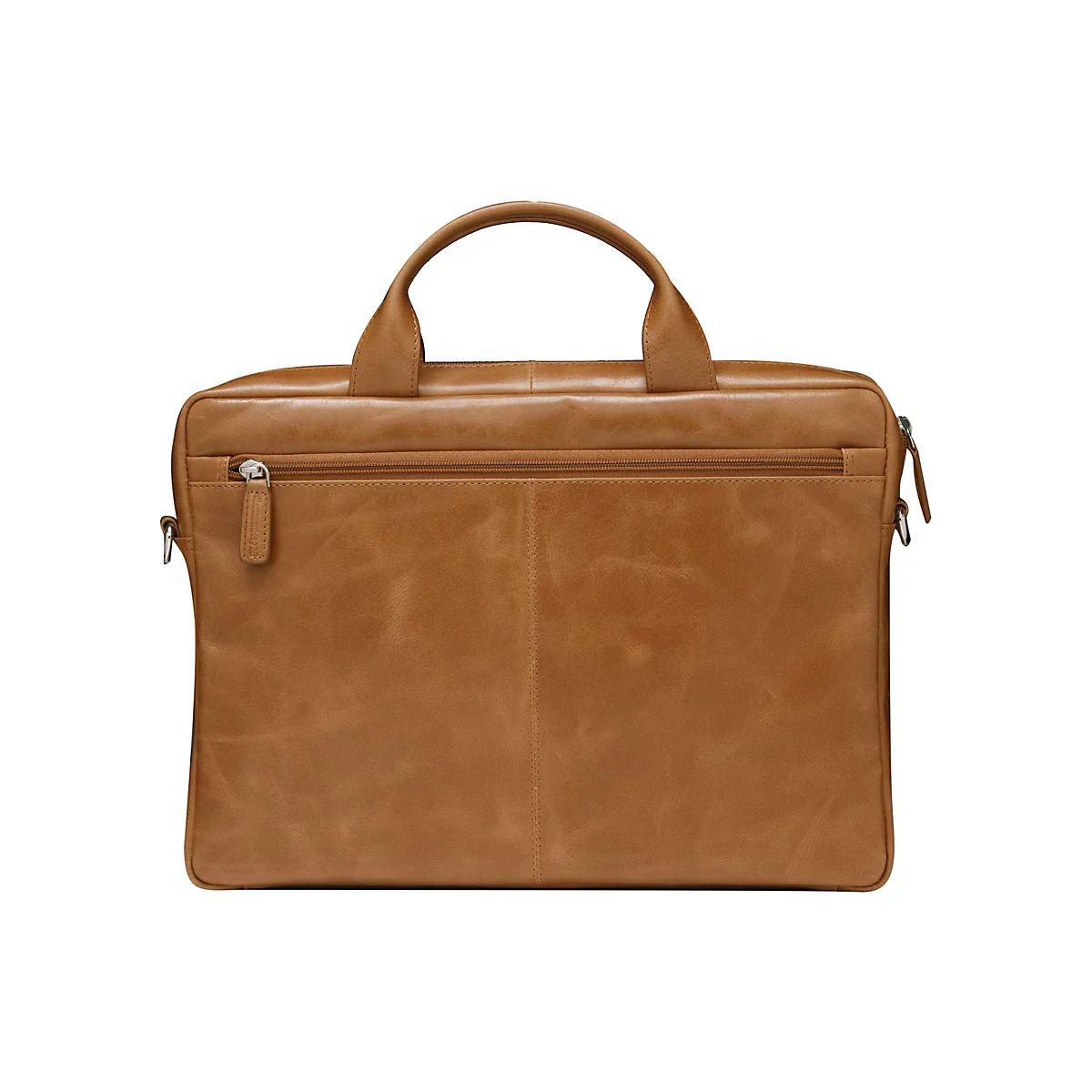 Sac en cuir brun clair avec poignée et fermeture éclair. Sur fond blanc.