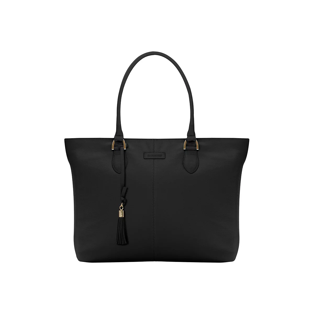 Sac fourre-tout en cuir noir avec anses et pompon, sur fond blanc.