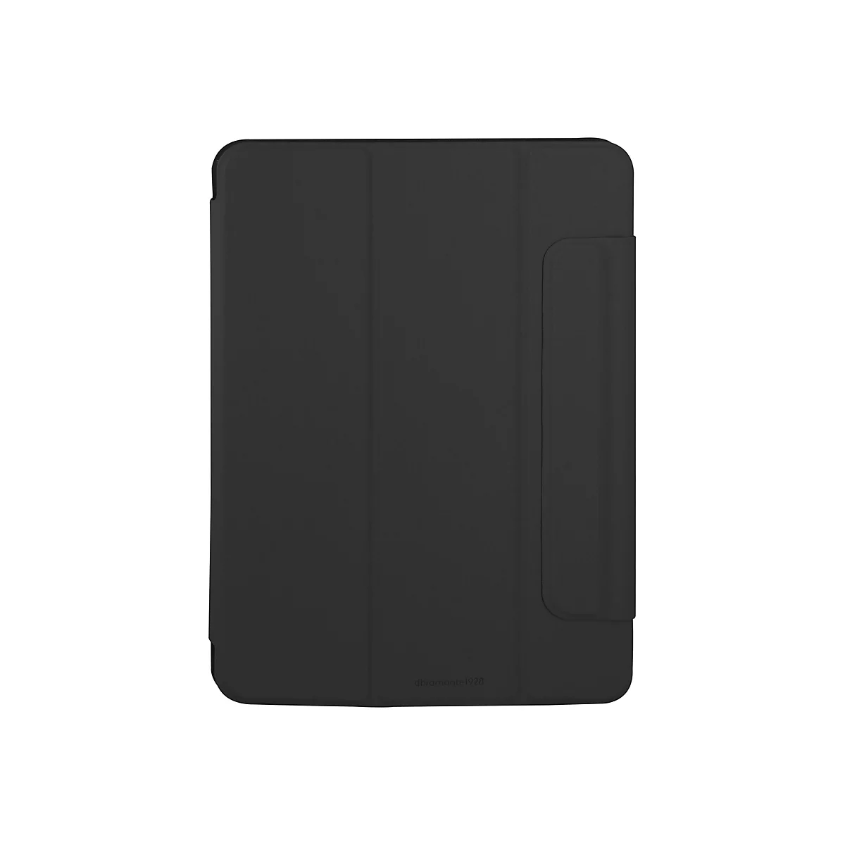 Schwarze Tablet-Hülle, die auf weißem Hintergrund steht. Auf der Hülle ist der Schriftzug "dramante1928" zu sehen.