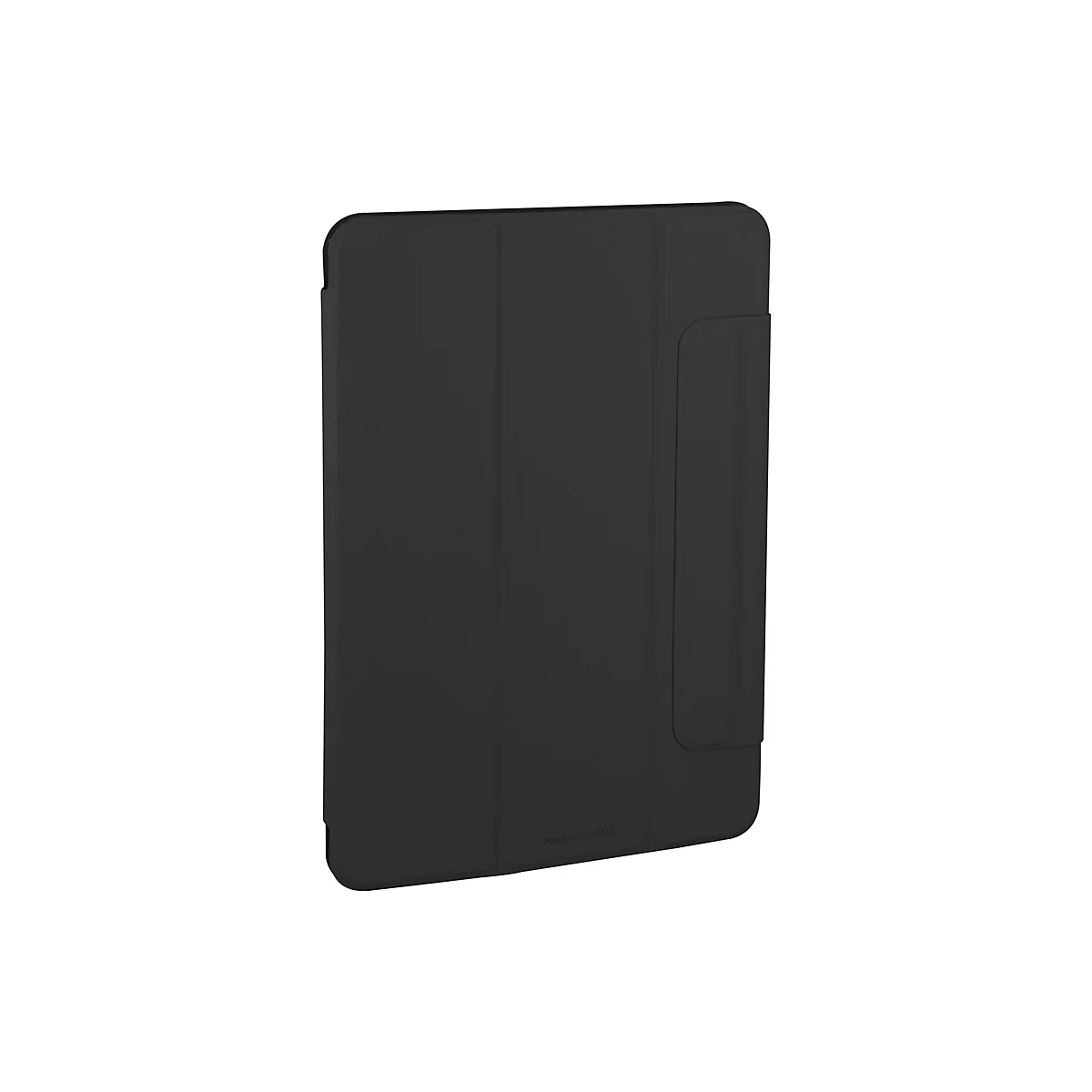 Schwarze Tablet-Hülle, die sich um das Tablet legt. Der Stifthalter ist zu sehen.