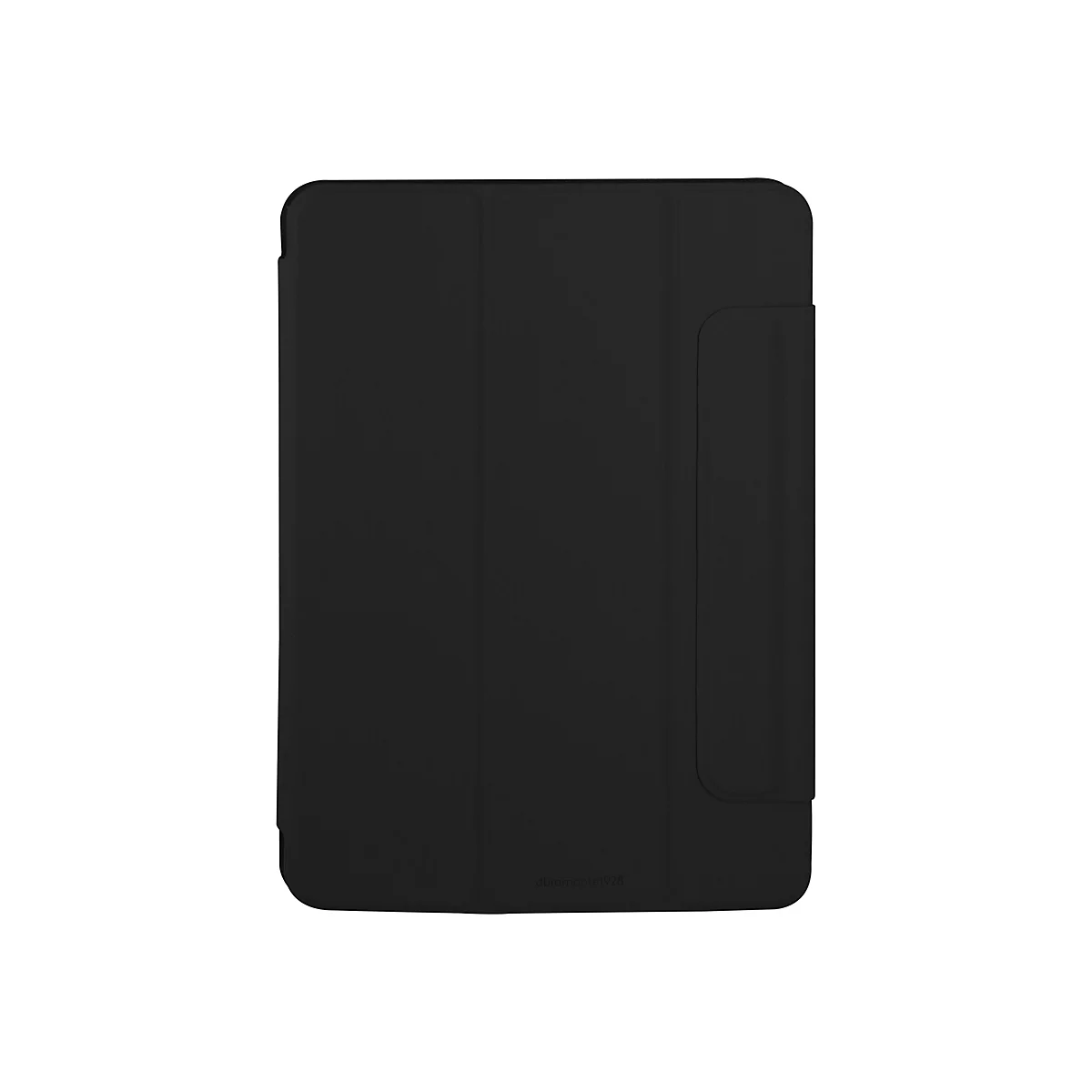 Schwarzes Tablet-Case, rechteckig mit abgerundeten Ecken. Auf der rechten Seite eine Lasche.