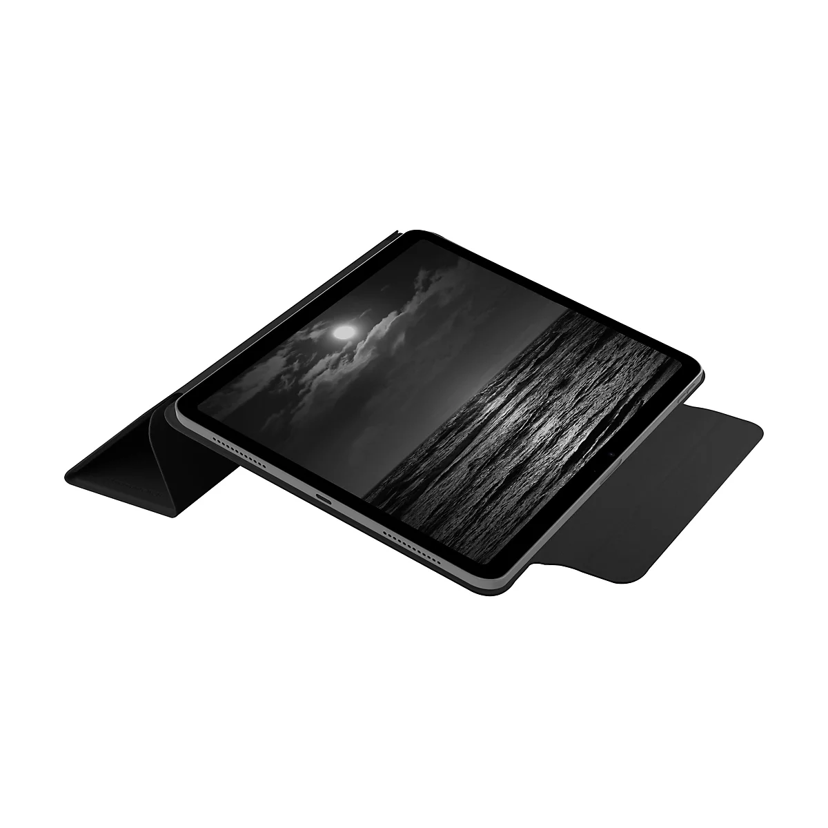 Ein schwarzes Tablet mit geöffneter Hülle, Display zeigt Mond und Meer in Graustufen.