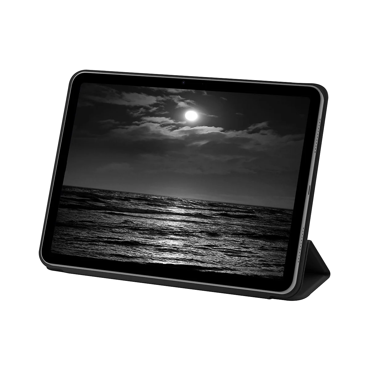 Ein Tablet mit einem schwarzen Display, das einen Schwarzweiß-Hintergrund eines Meeres mit Wolken und einem Mond zeigt.