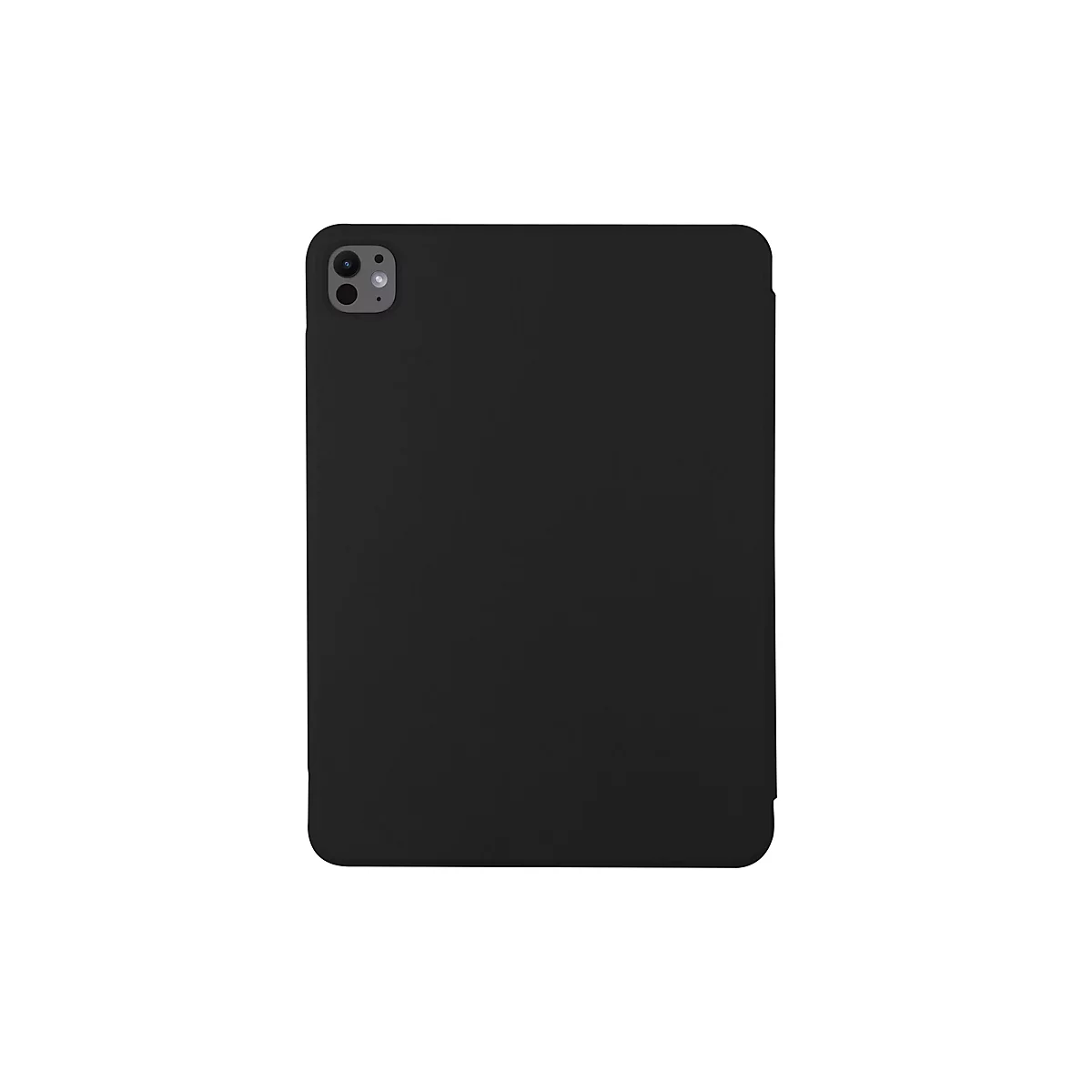 Schwarze Tablet-Hülle, die ein Tablet umschließt, mit einem Kameraausschnitt oben links.