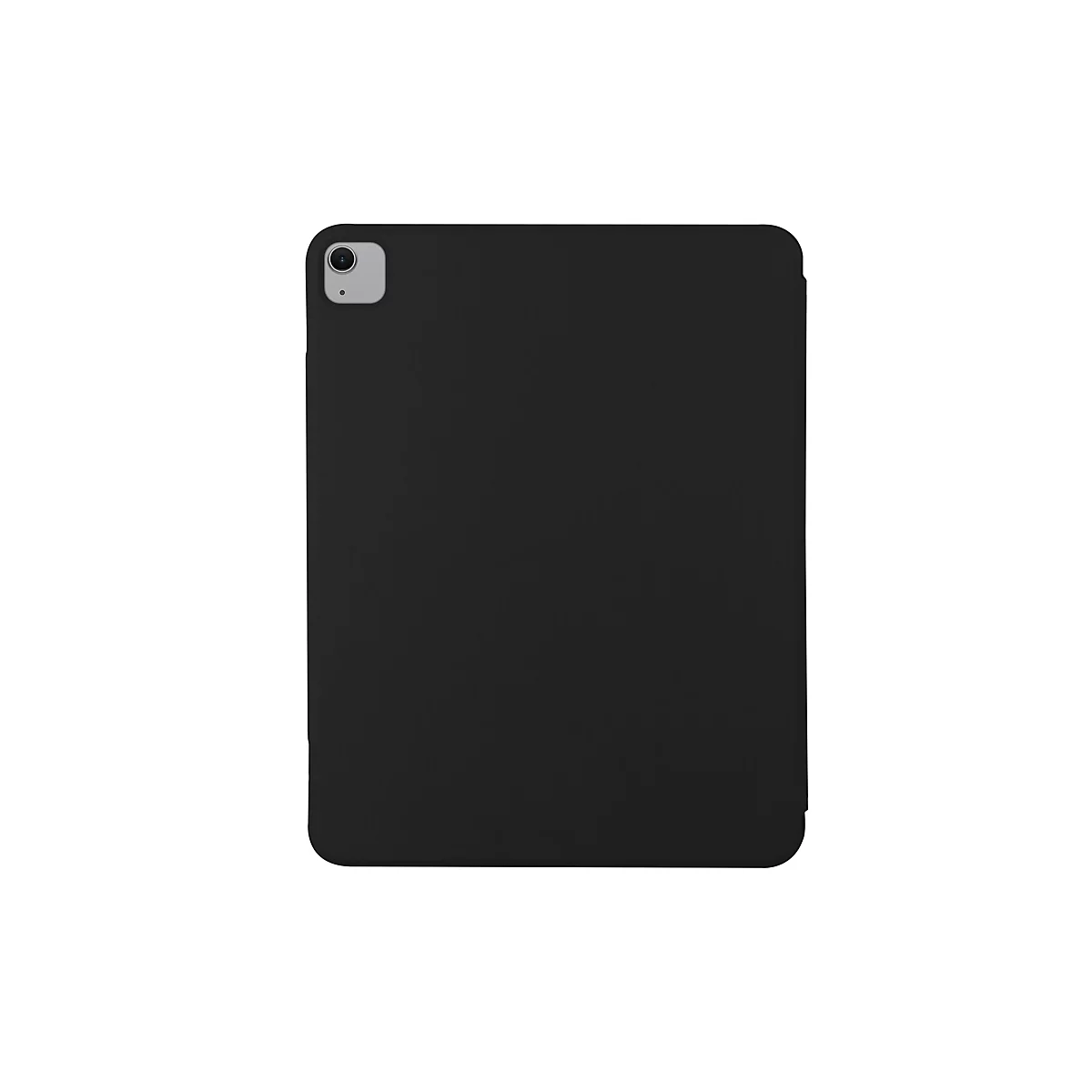 Schwarze Tablet-Hülle, Rückansicht. Ein rechteckiges Tablet-Gehäuse mit abgerundeten Ecken, Kameramodul oben links.