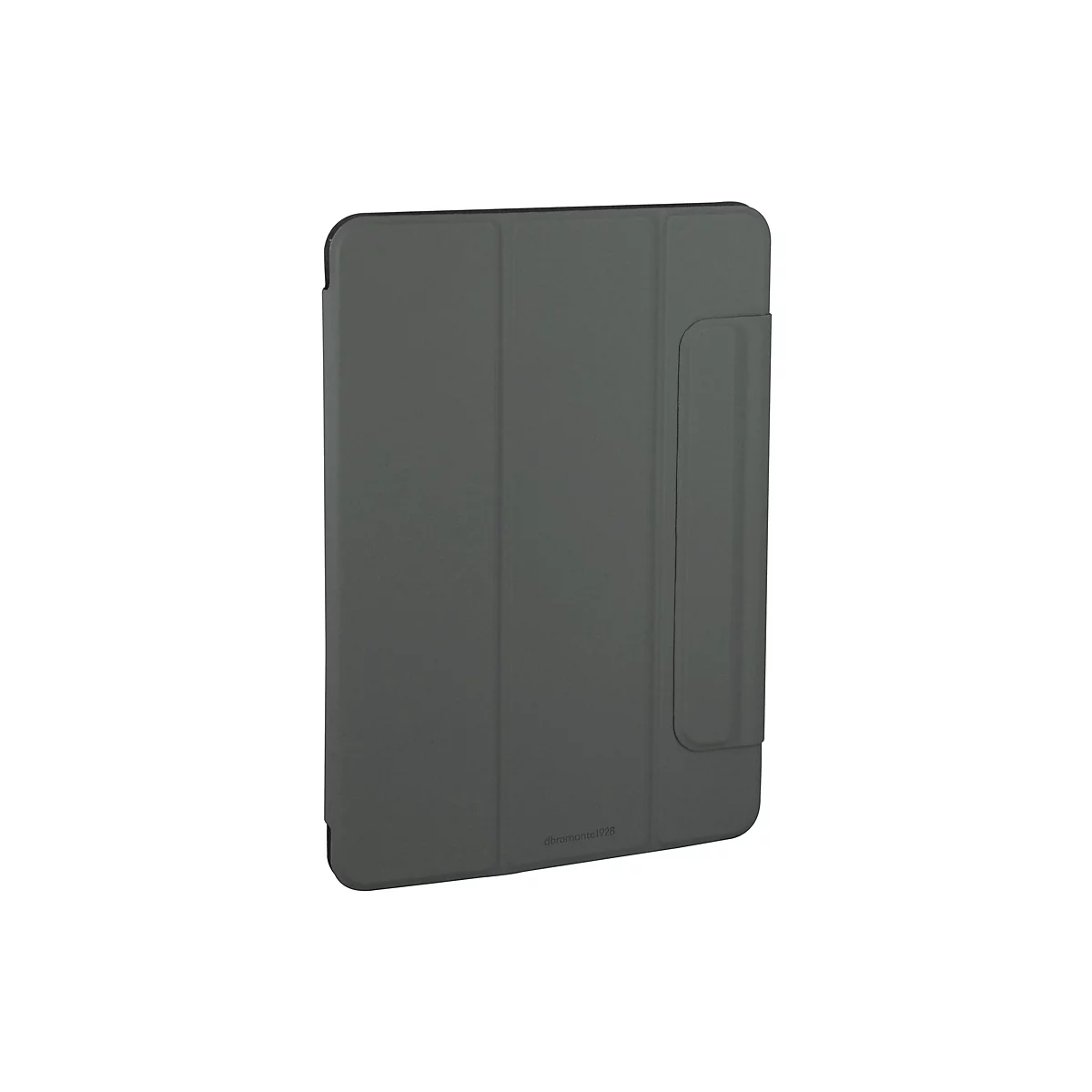 Graue Tablet-Hülle mit Standfunktion und Stifthalter, auf weißem Hintergrund. Der Herstellername ist unten rechts platziert.