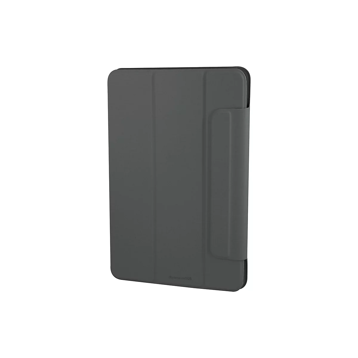 Graue Tablet-Hülle mit abgerundeten Ecken, geschlossen. Auf der rechten Seite eine Lasche zum Verschließen.