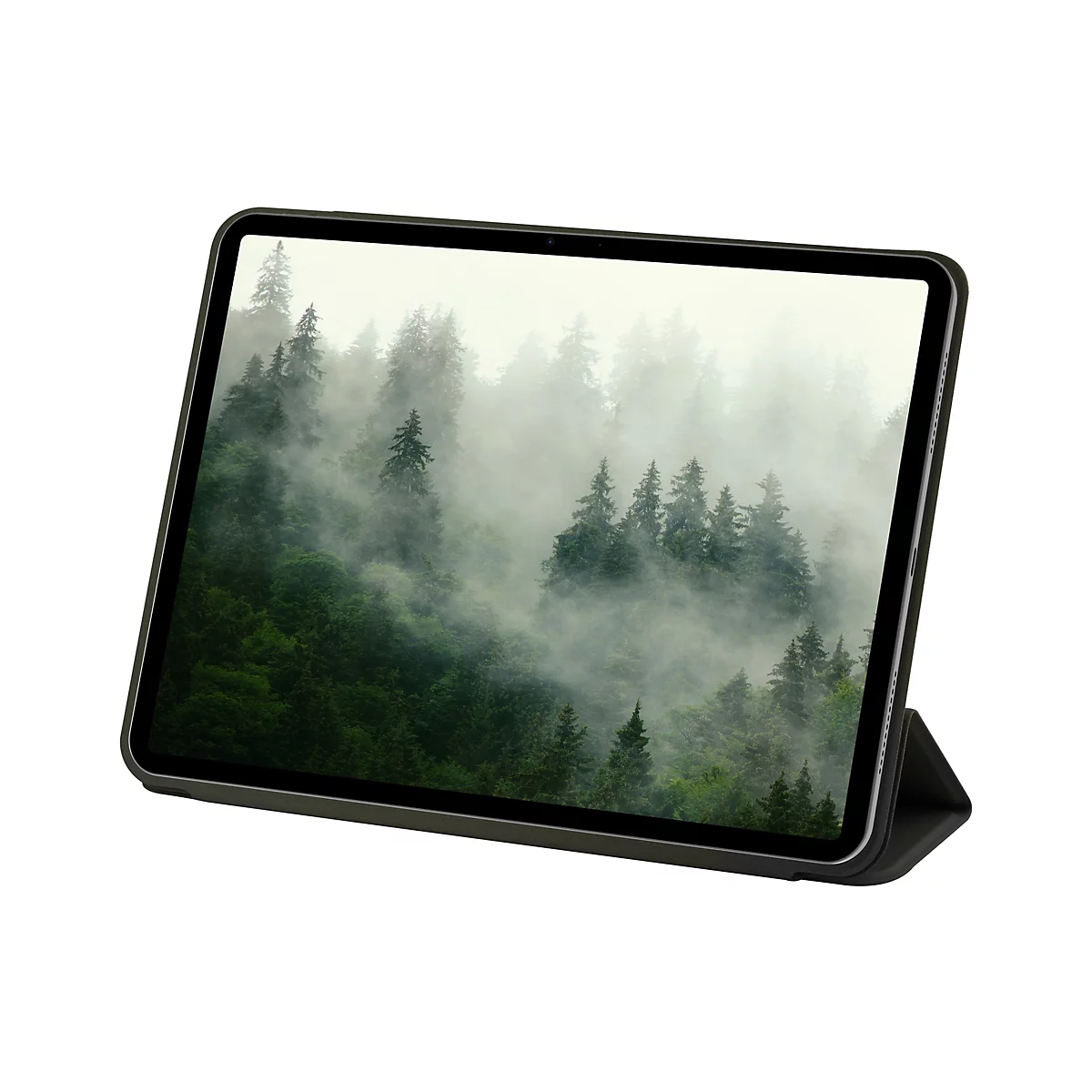 Ein Tablet-PC, auf dem ein Wald in Nebel zu sehen ist, steht aufrecht auf einer Halterung.