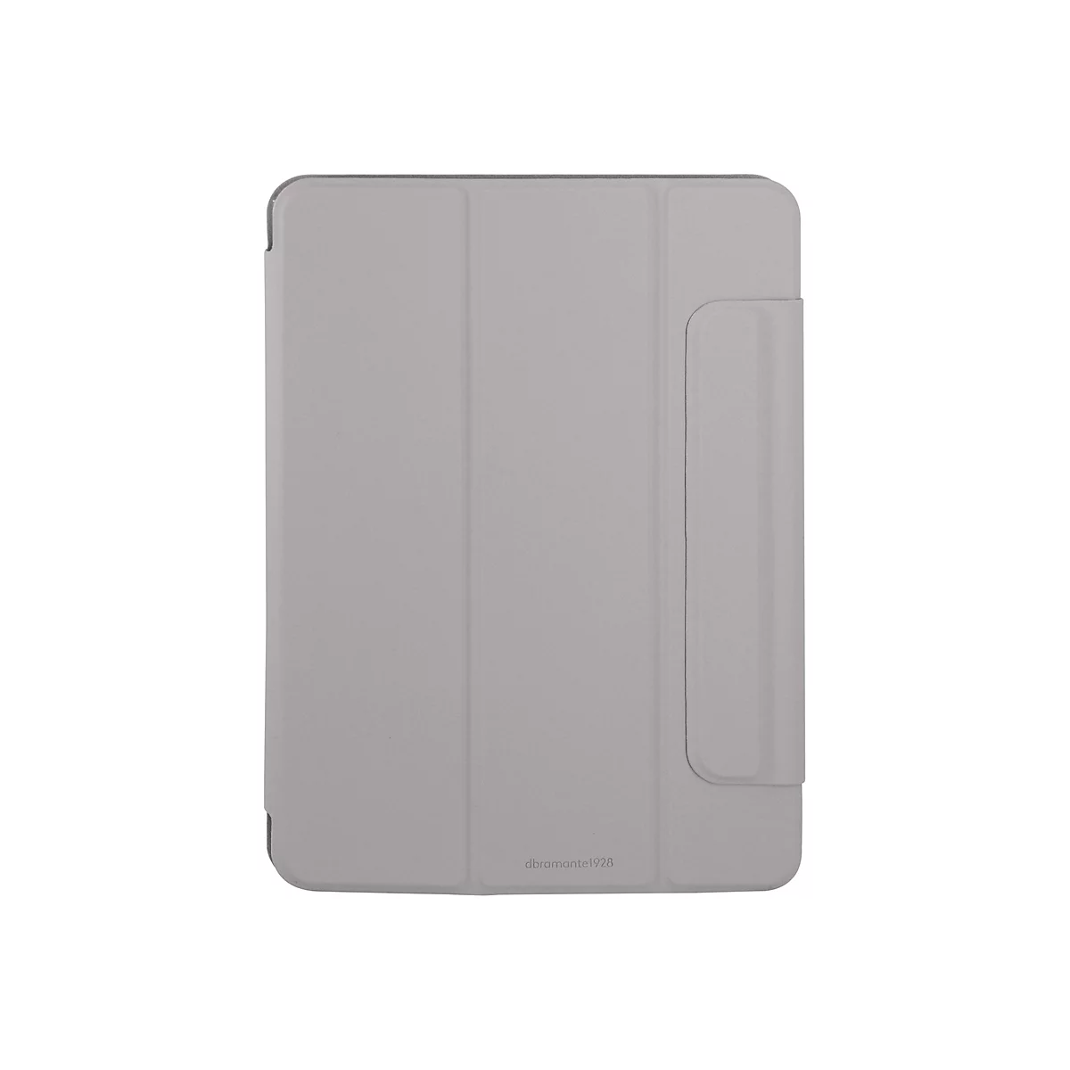 Hellgraue Tablet-Hülle, dreifach faltbar, mit schmaler, vertikaler Halterung. Unten rechts befindet sich der Schriftzug dbramante1928.
