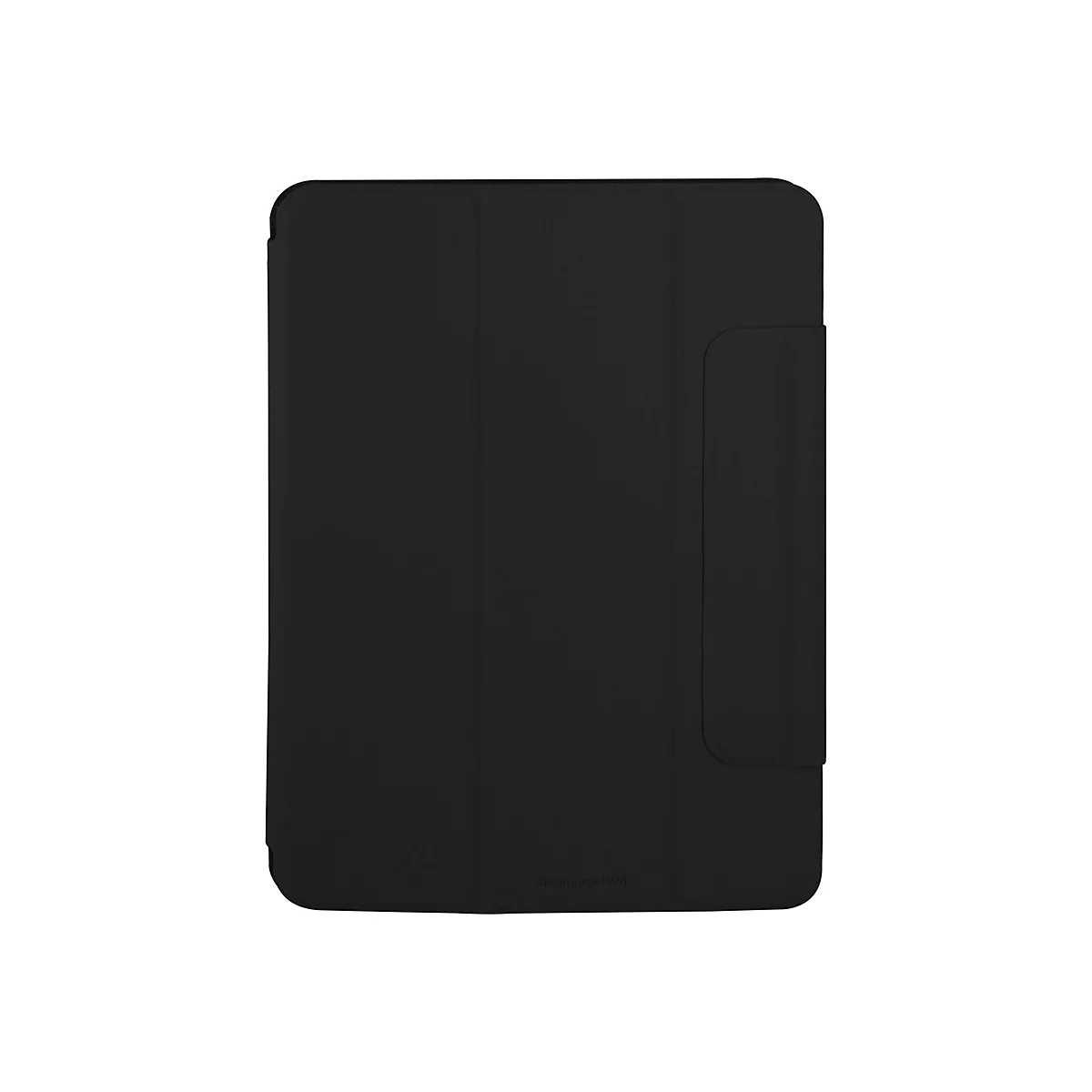 Schwarze Tablet-Hülle mit Klappdeckel und einer Aussparung für einen Stift.