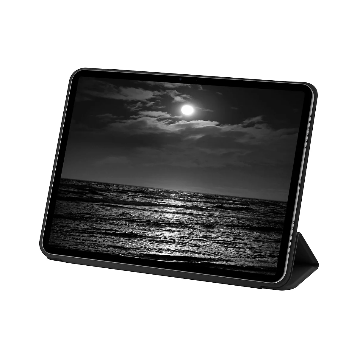 Ein Tablet mit einem nächtlichen Meeresbild, Mond am Himmel. Das Tablet ist auf einer Halterung vor weißem Hintergrund.