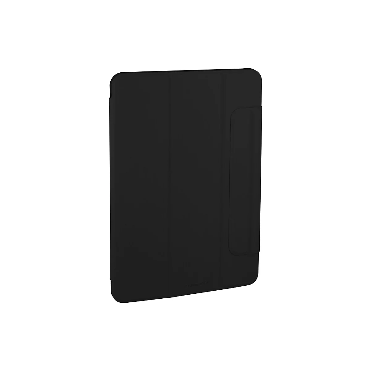 Schwarze Tablet-Hülle, rechteckig, mit einem Fach für einen Stift. Der Markenname steht unten rechts.