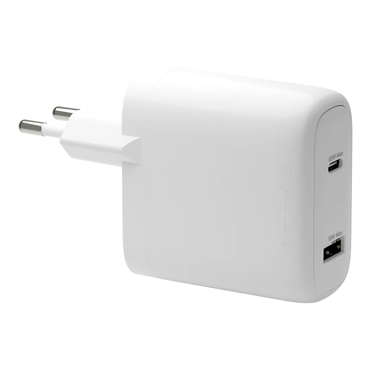 Un chargeur blanc avec prise, 2 ports USB-C, et le texte 'dbramante1928' sur le côté.