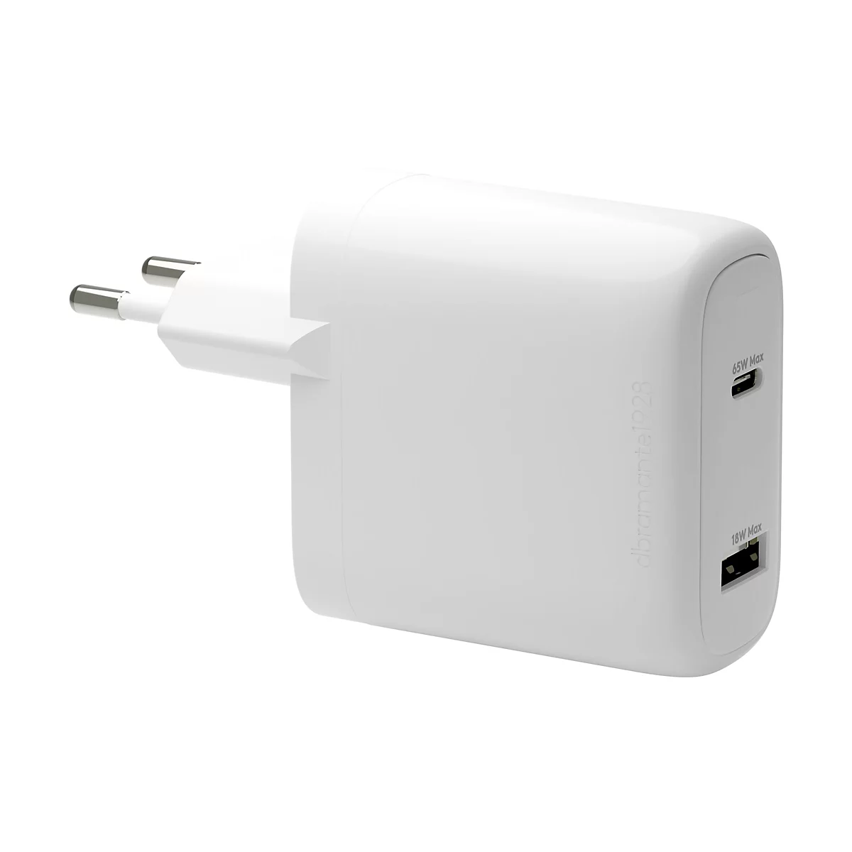 Chargeur blanc avec prises et ports USB. Inscription : 65W Max, 18W Max, dbramante1928.