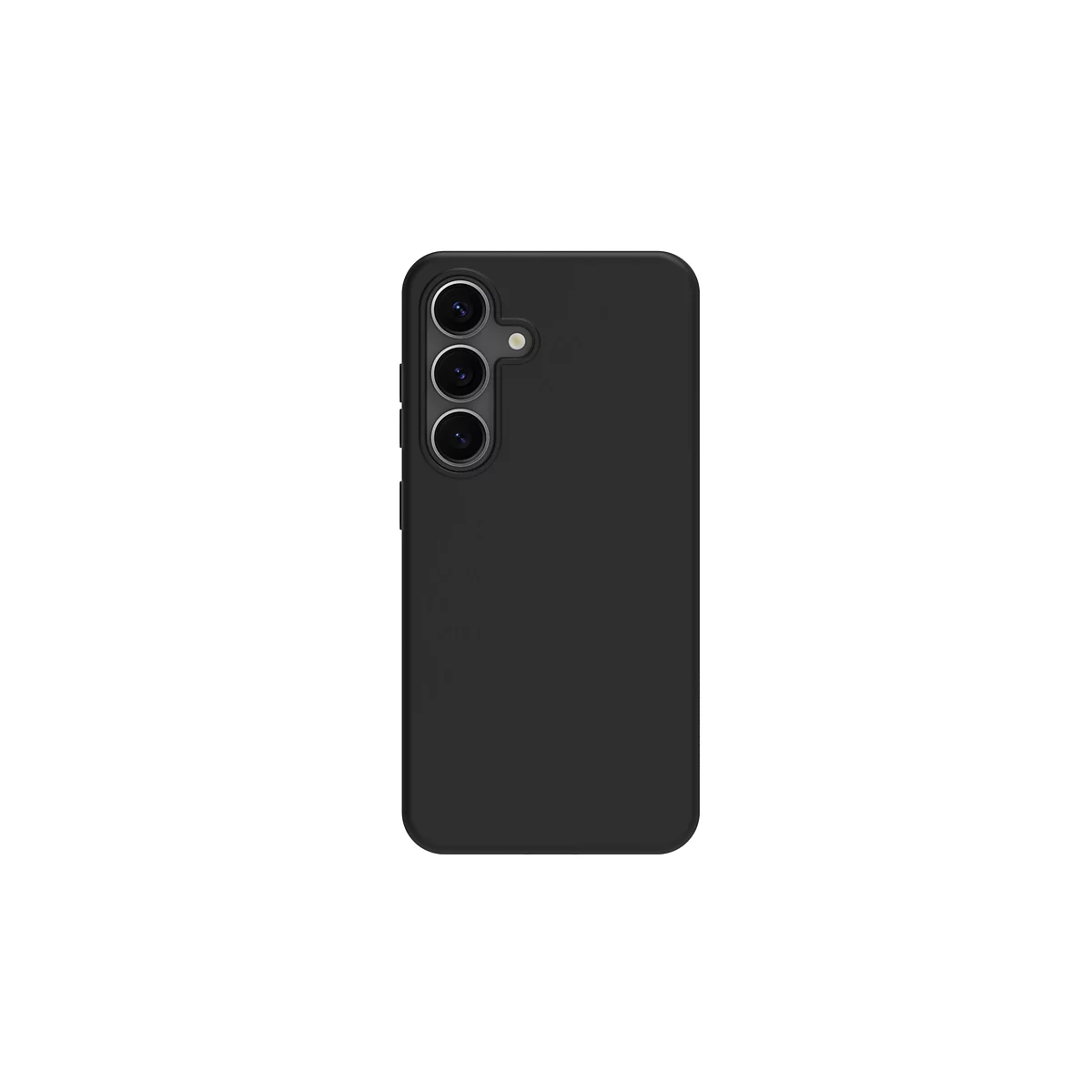 Coque de smartphone noire sur fond blanc. La coque a une découpe pour la caméra et les boutons.