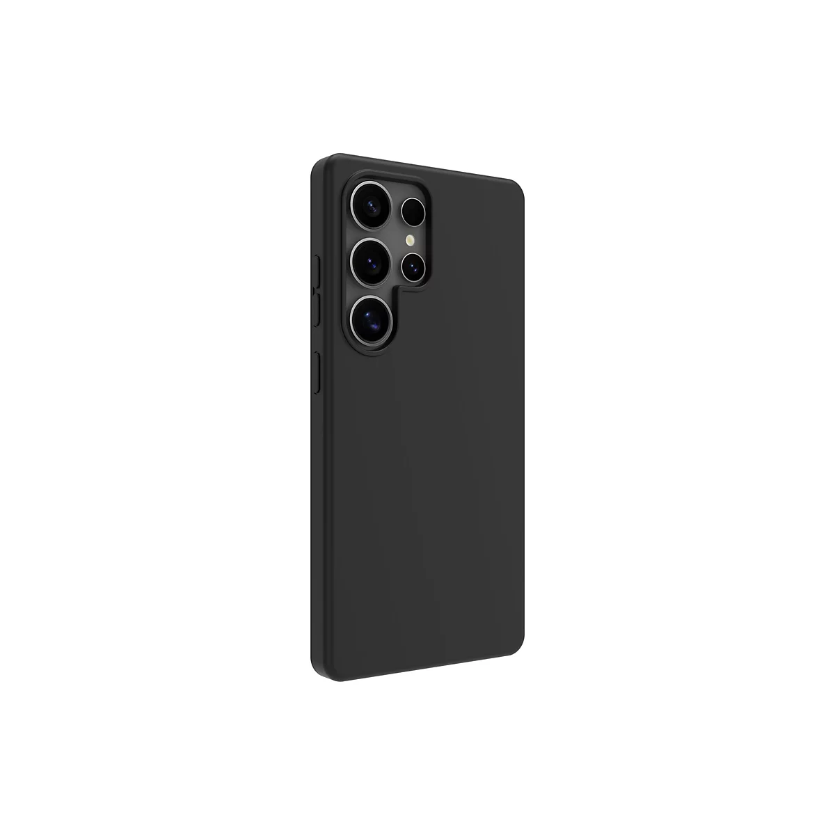 Coque de téléphone noire avec découpe pour l'appareil photo sur fond blanc. L'étui entoure le téléphone, y compris l'appareil photo.