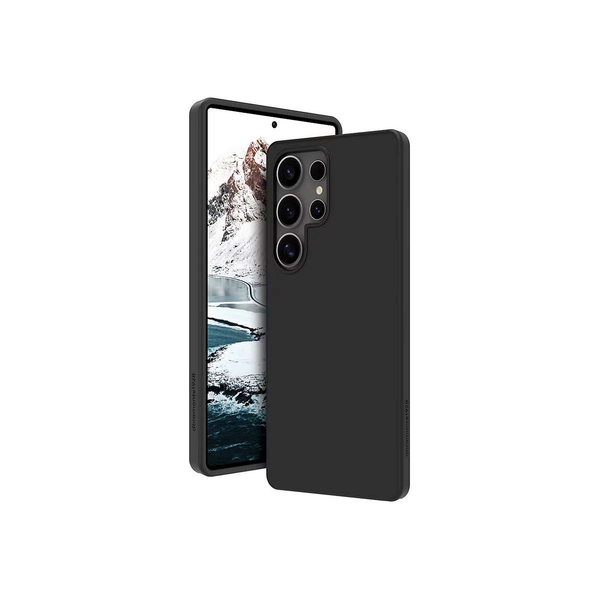 Un smartphone noir avec une coque, l'écran affichant une montagne contre un ciel bleu. L'inscription "dbramante1928" est visible sur la coque.