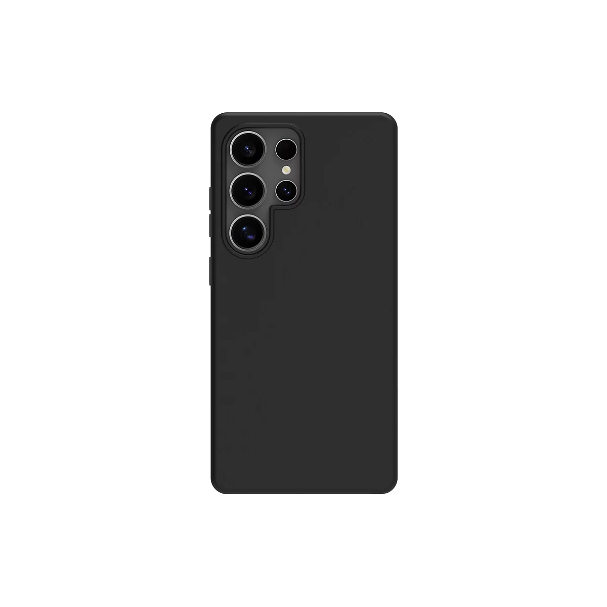 Coque de téléphone noire avec découpe pour appareil photo sur fond blanc.