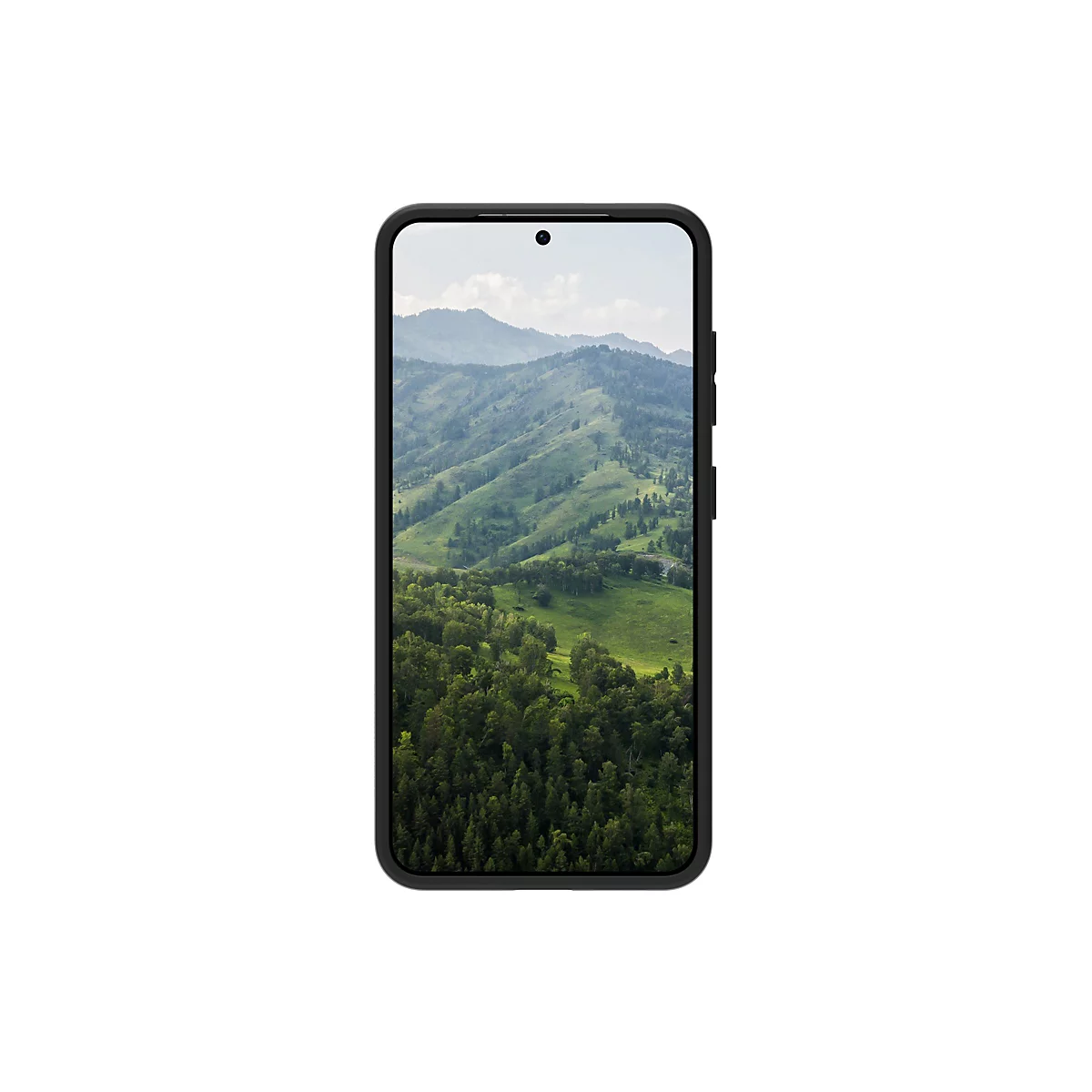 Smartphone affiche un paysage de collines et d'arbres verts. Cadre noir, caméra en haut.