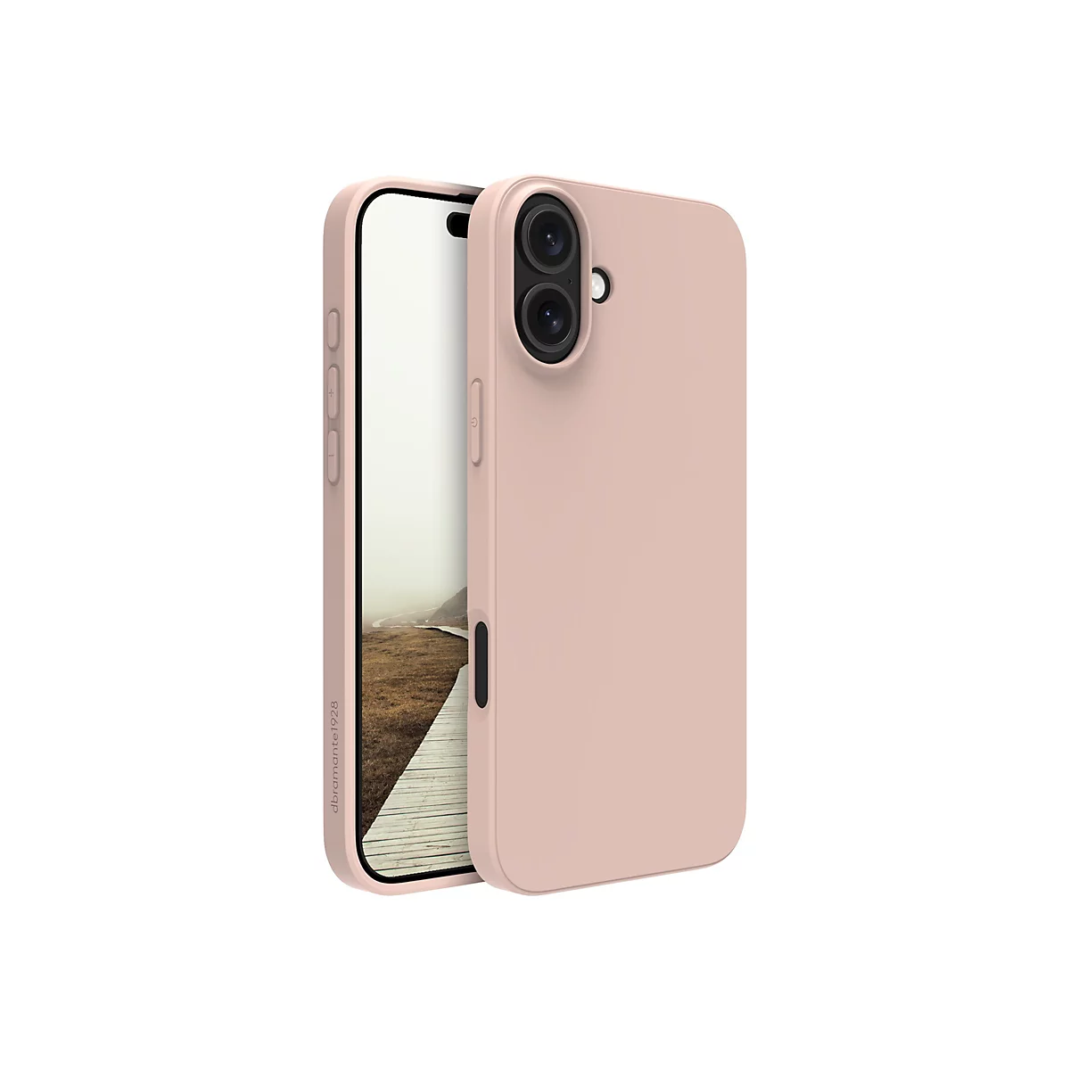 Coque de smartphone rose clair. Dos et écran visibles, logo en bas.