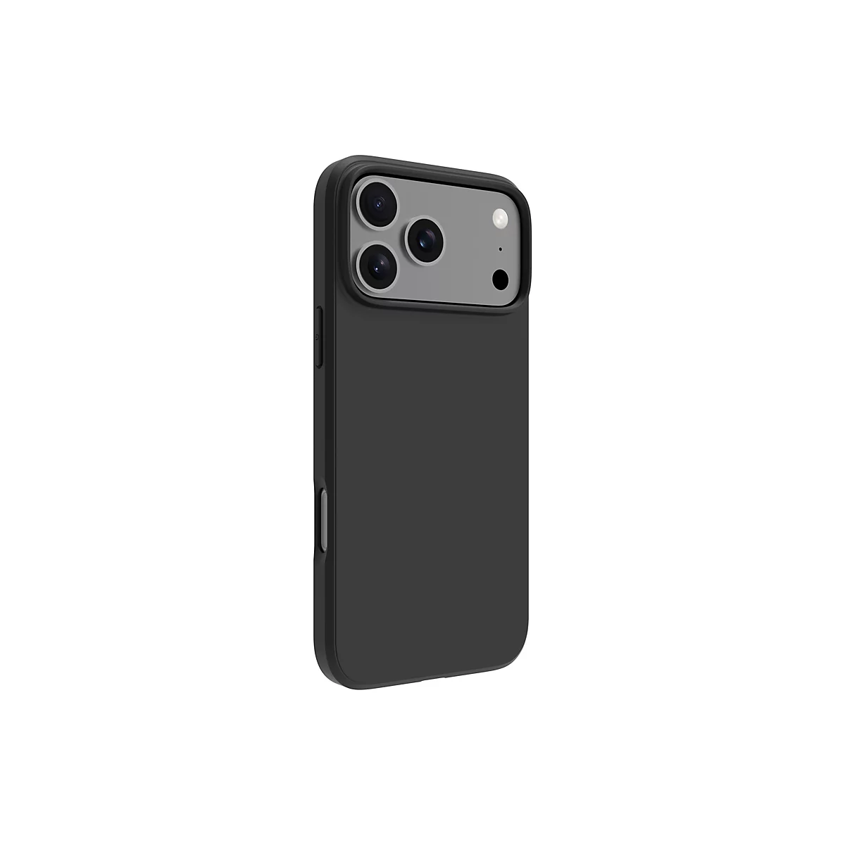 Coque de téléphone noire avec trois lentilles d'appareil photo sur fond blanc.
