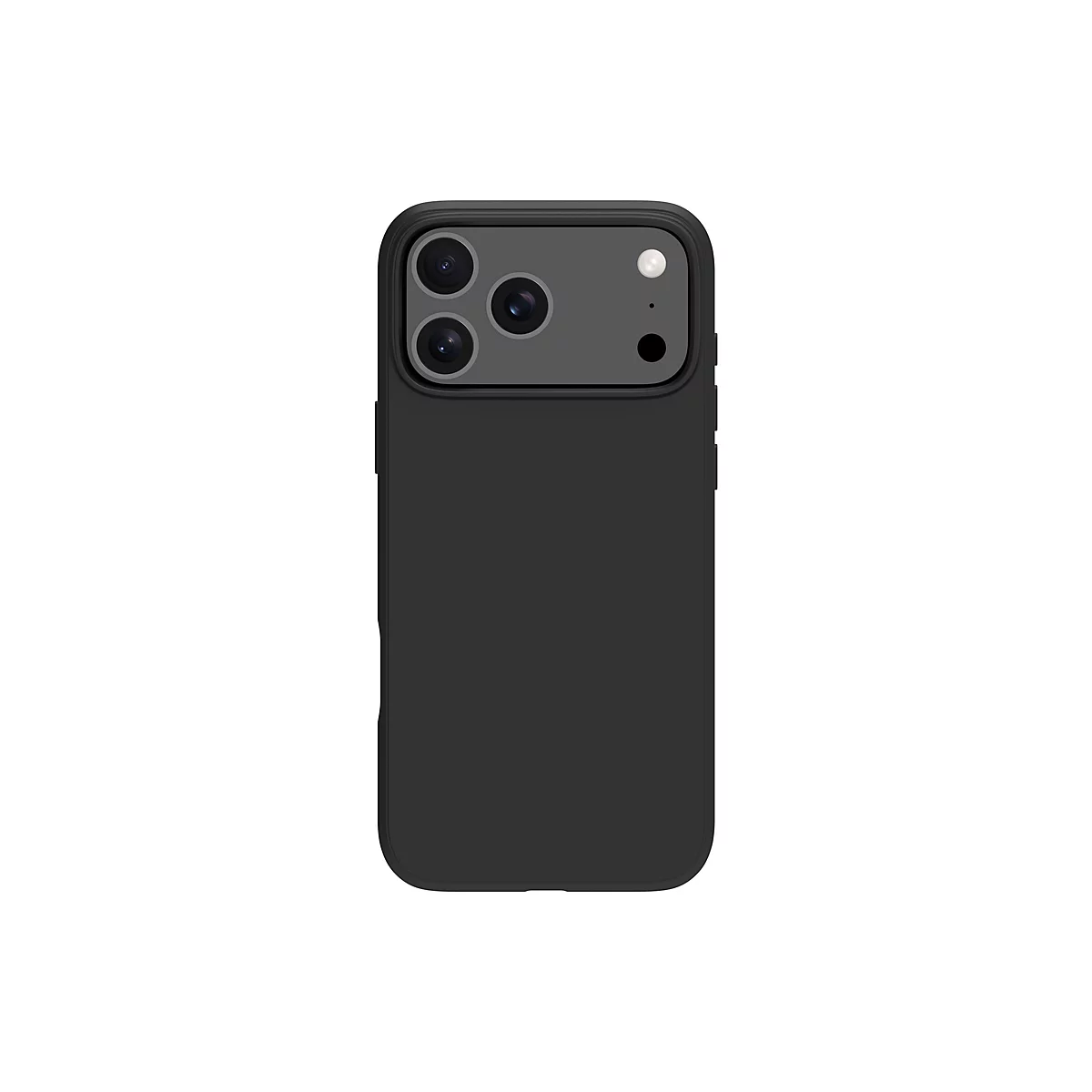 Un smartphone noir avec une coque noire. L'unité caméra à trois lentilles est clairement visible.