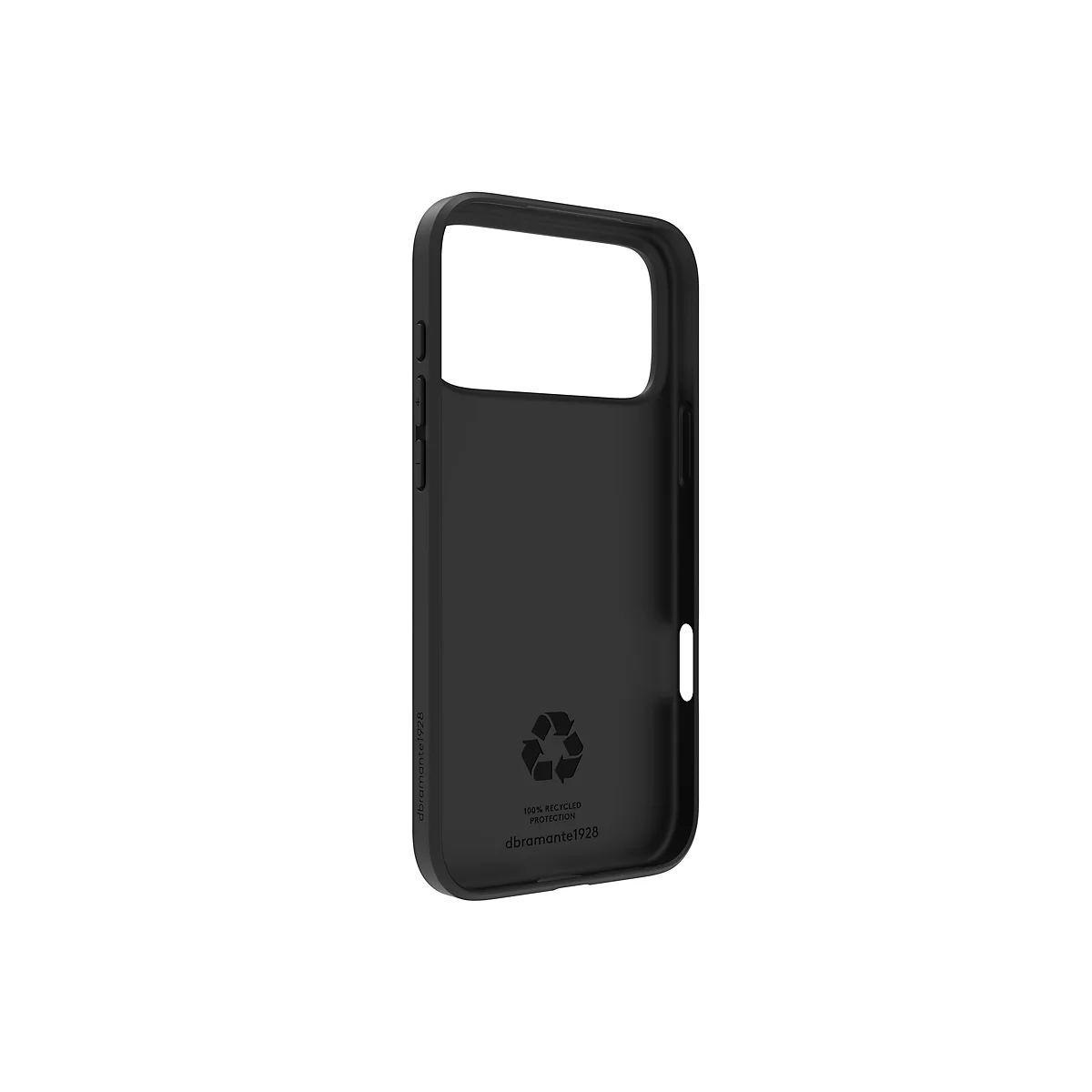 Coque de téléphone noire avec découpes pour la caméra et les boutons. À l'intérieur, un symbole de recyclage et le texte '100% Recycled Protection'.