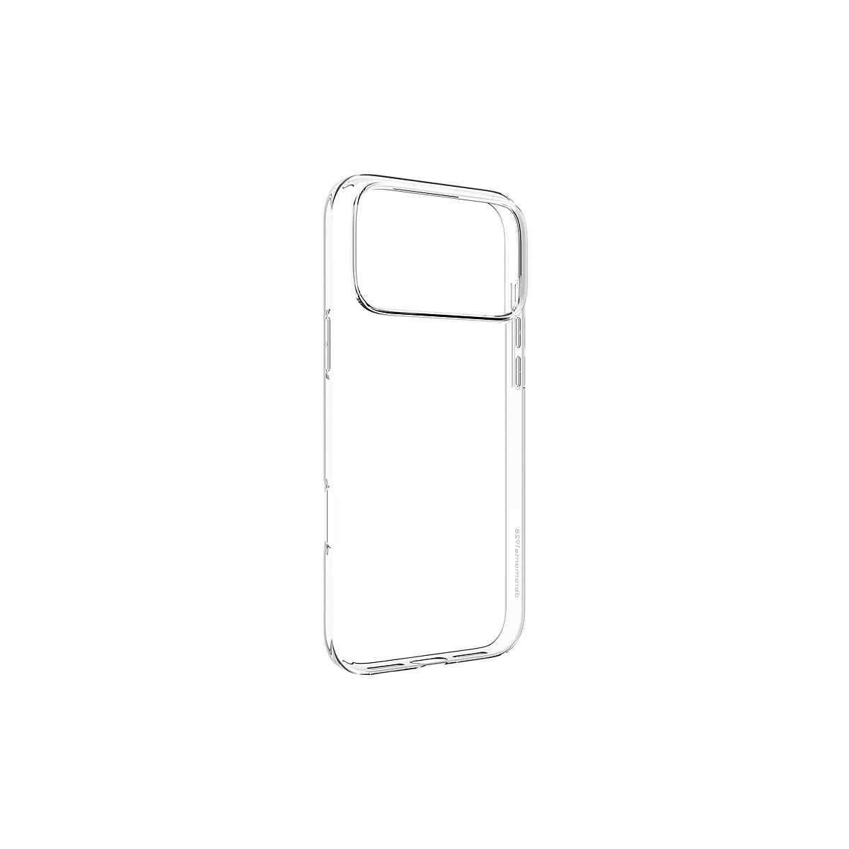 Coque de téléphone transparente, légèrement inclinée sur fond blanc. Protection claire pour le smartphone.
