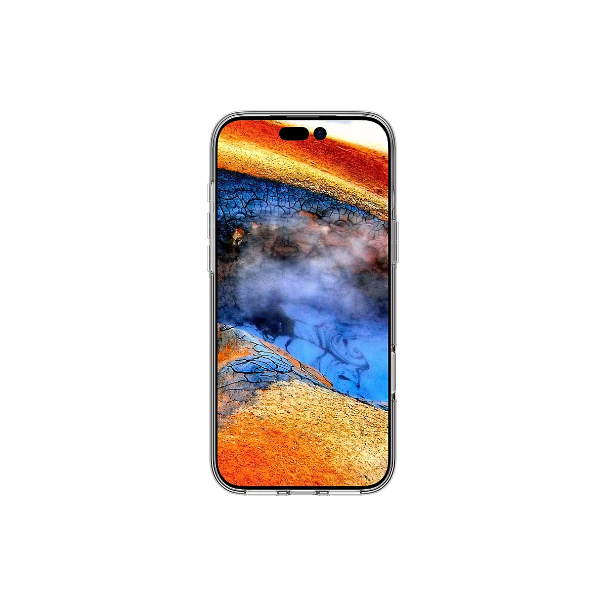 Smartphone affichant une image abstraite colorée, enveloppé dans une coque de protection transparente.