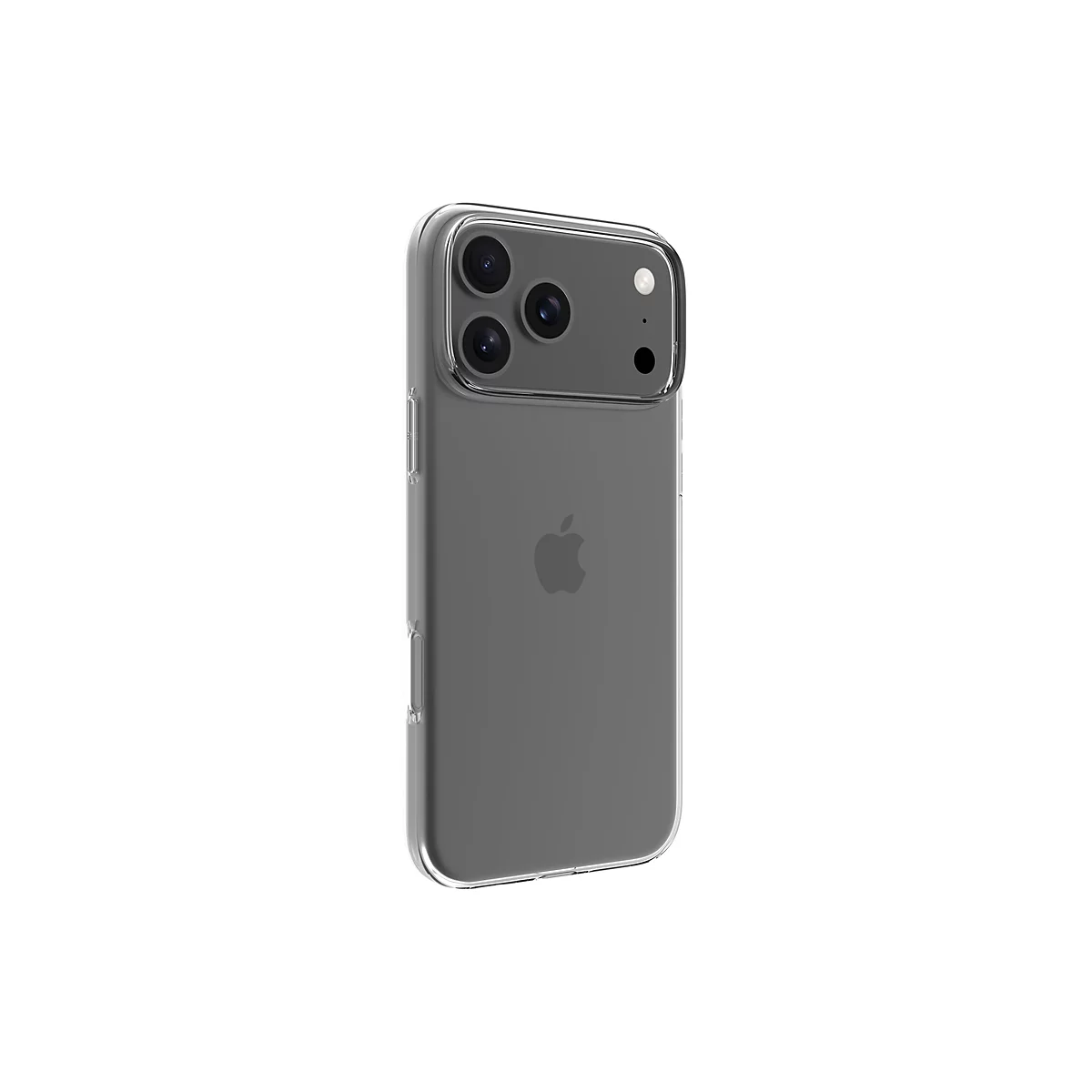 Un iPhone dans une coque de protection transparente, sur fond blanc. L'unité caméra est bien visible, le logo Apple est au dos.