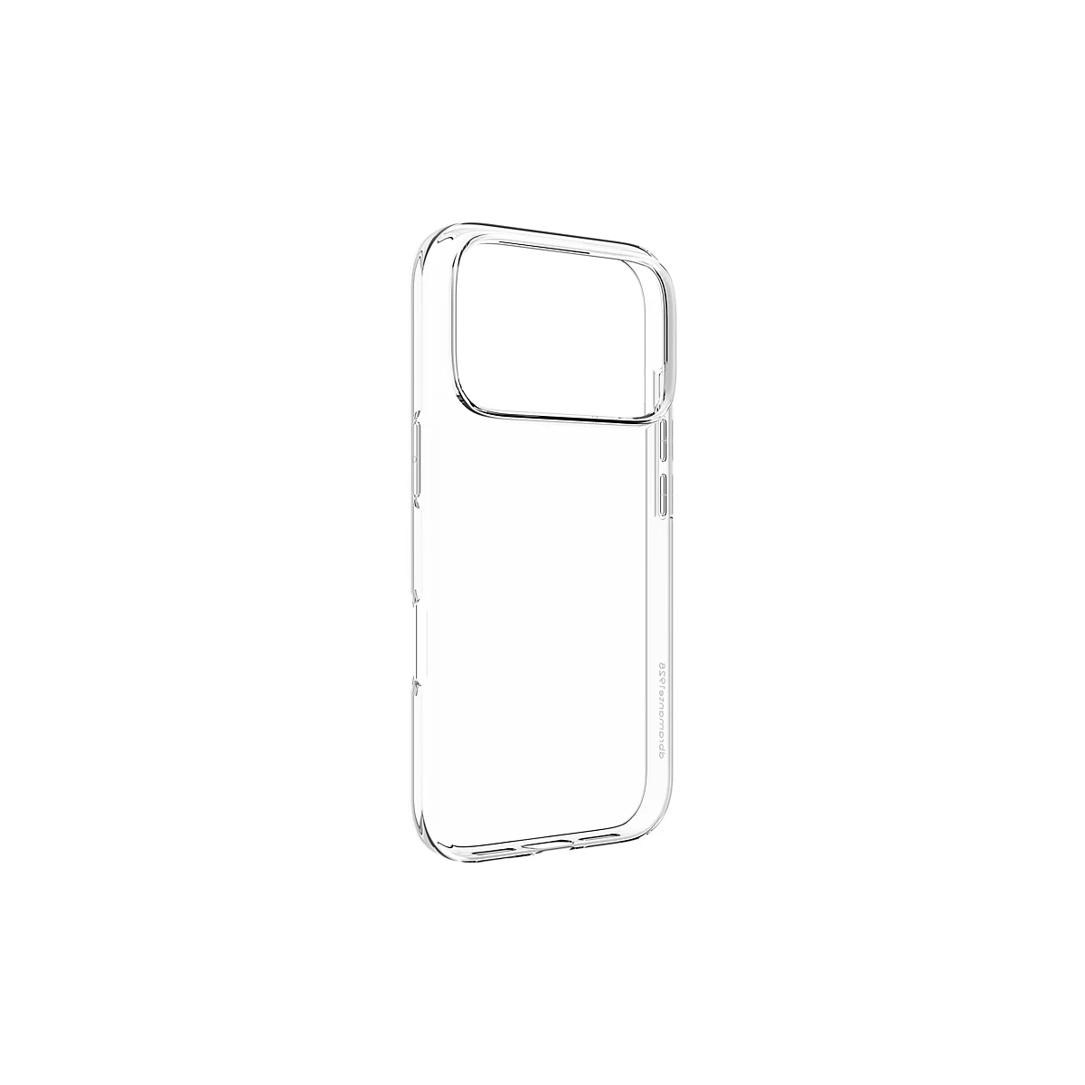 Une coque de téléphone transparente, montrant les contours d'un smartphone. Un nom de marque est visible sur le côté.