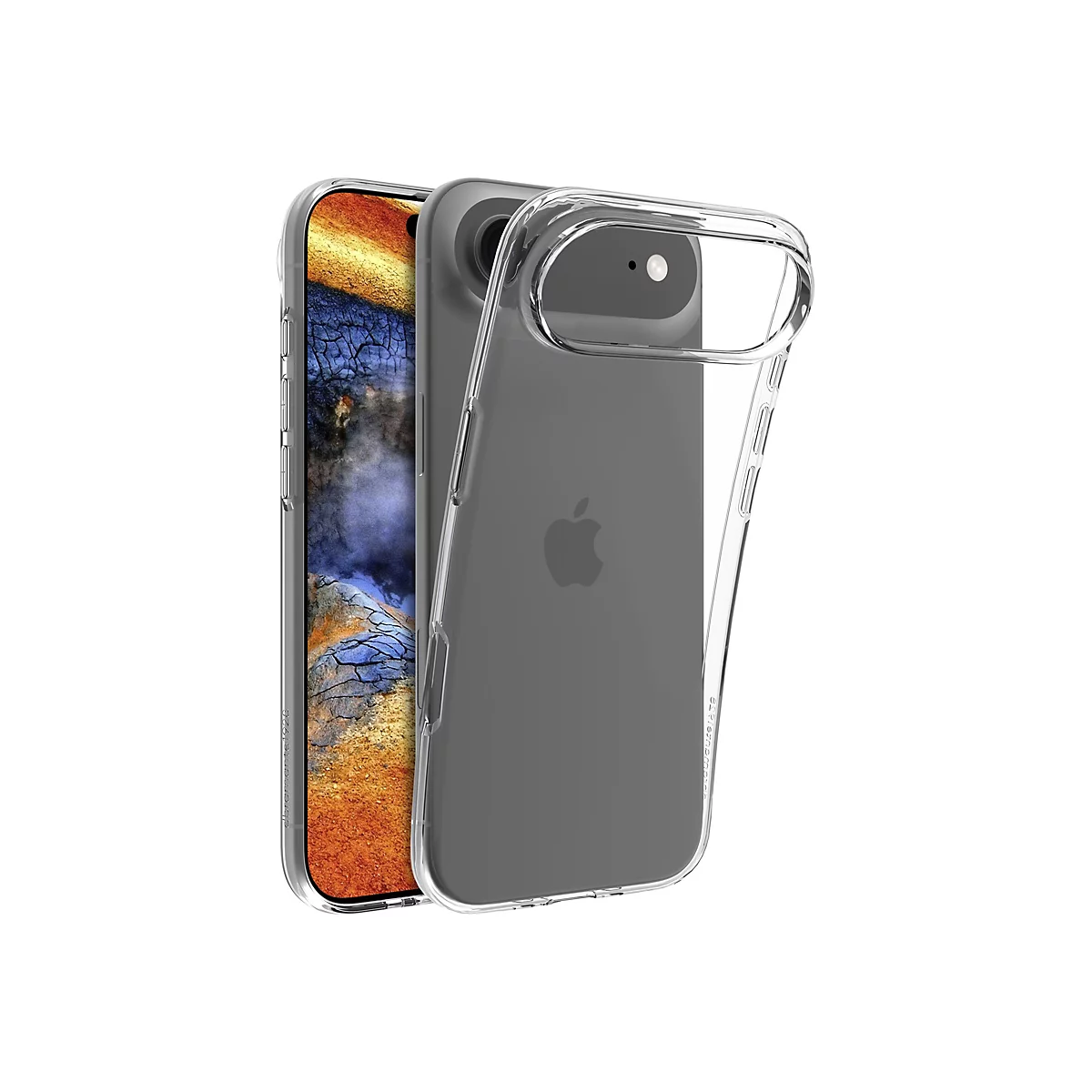 Un iPhone dans une coque de protection transparente, sur fond blanc. Le téléphone affiche un fond d'écran coloré.