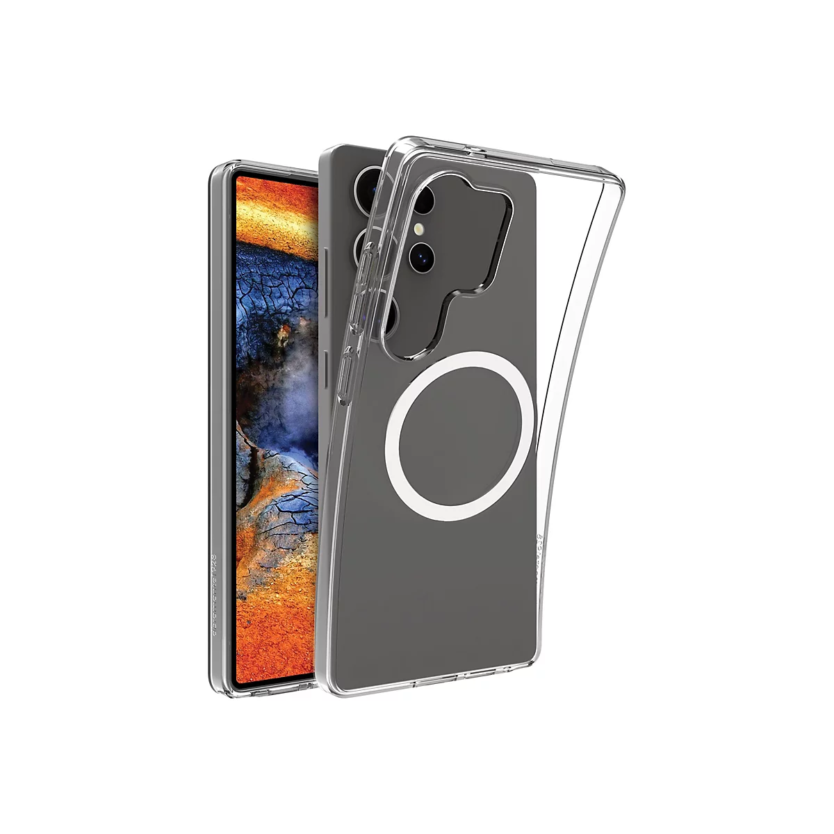 Gros plan d'un téléphone avec une coque de protection. Coque transparente avec cercle blanc, le dos du téléphone et un fond coloré.