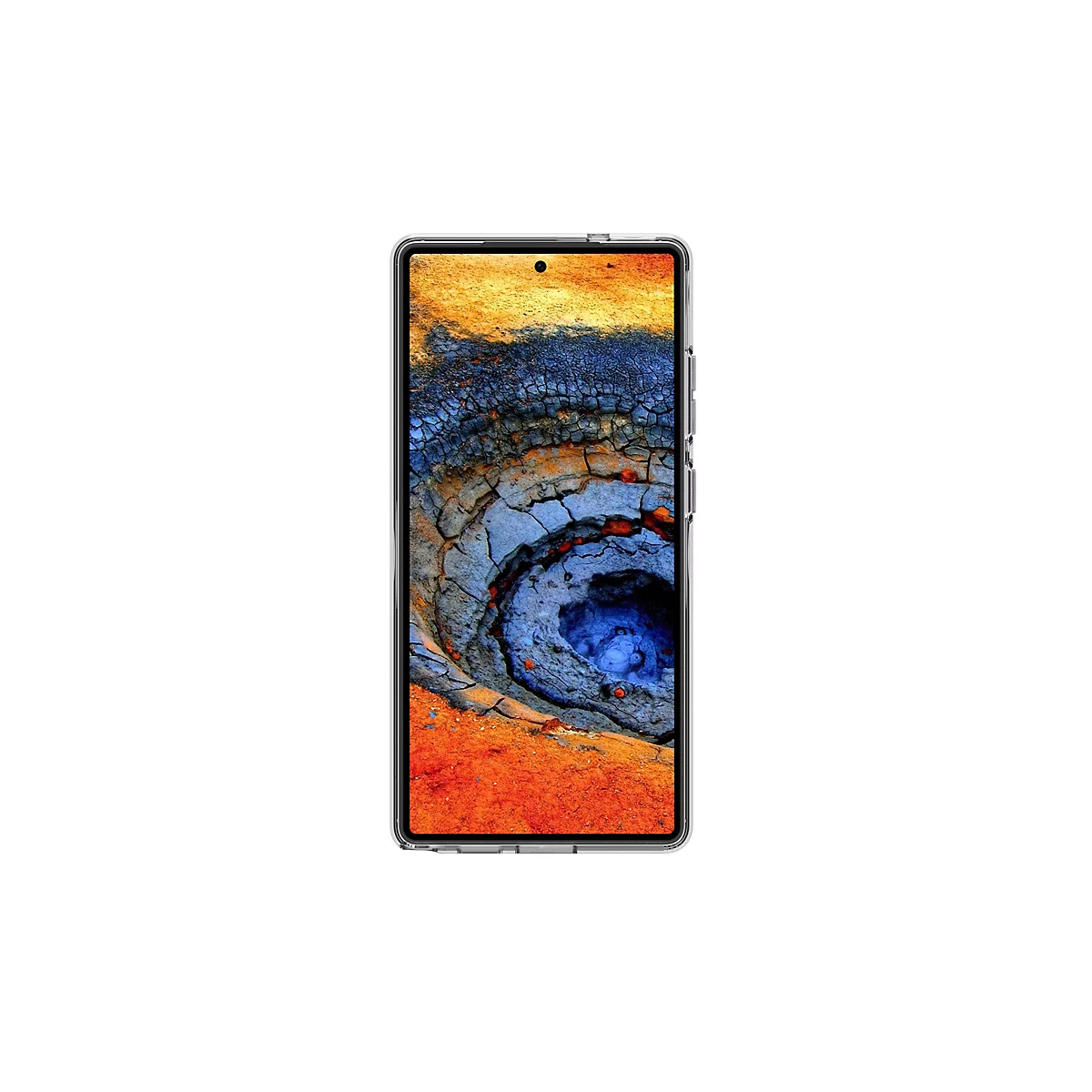 Smartphone avec un écran abstrait en orange, bleu, blanc et marron, dans une coque transparente sur fond blanc.
