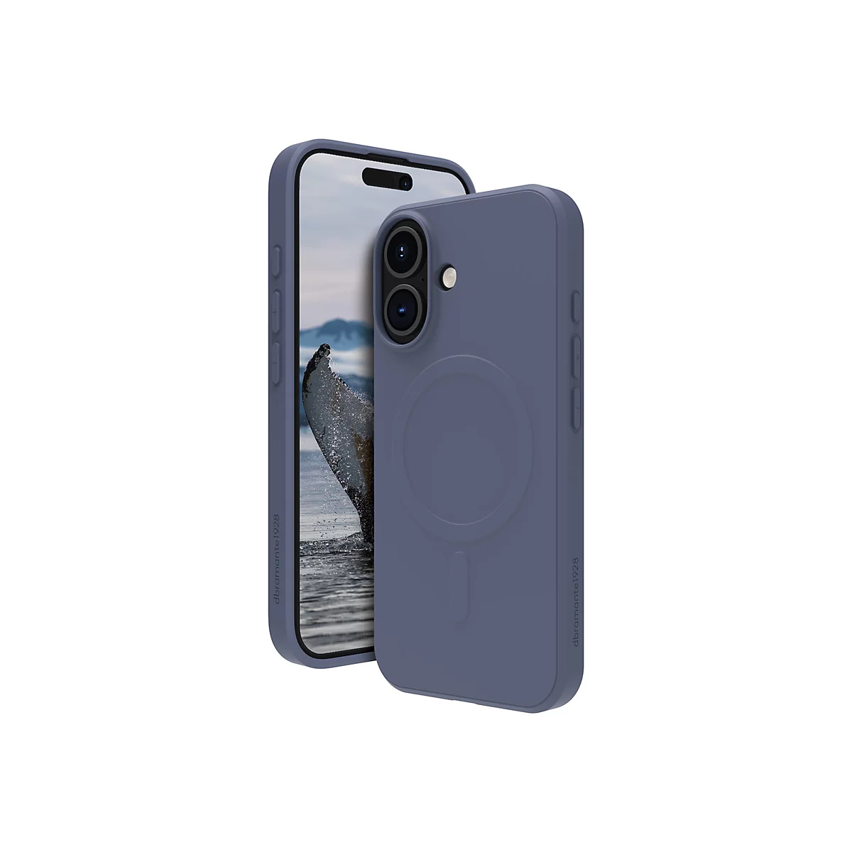 Un étui de téléphone gris-bleu avec un téléphone à côté, sur fond blanc. Le téléphone a l'écran avec un motif de baleine.