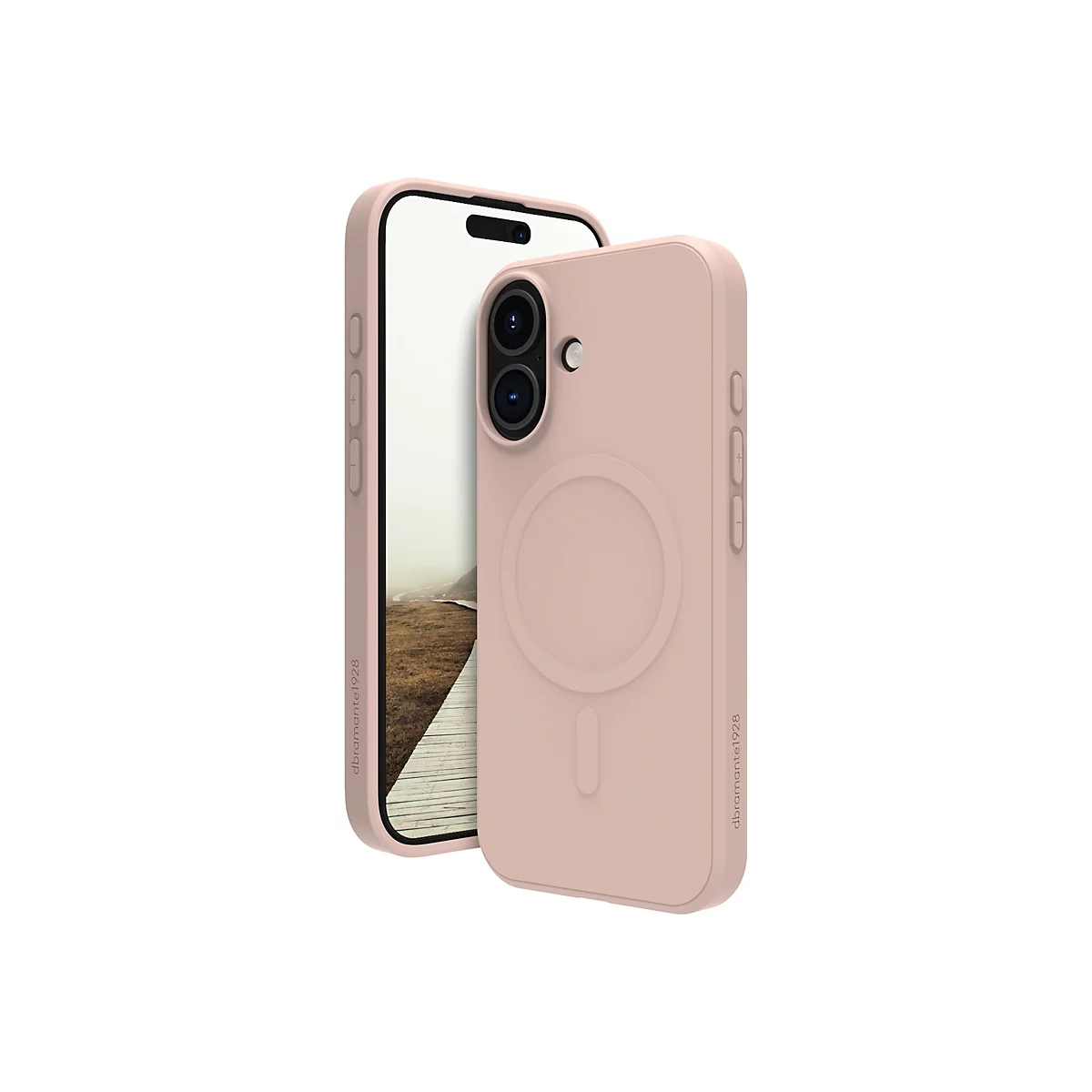 Coque de téléphone rose clair et iPhone. Le téléphone est à moitié dans l'étui. L'arrière de l'étui a une zone magnétique ronde. La coque indique dbramante1928.