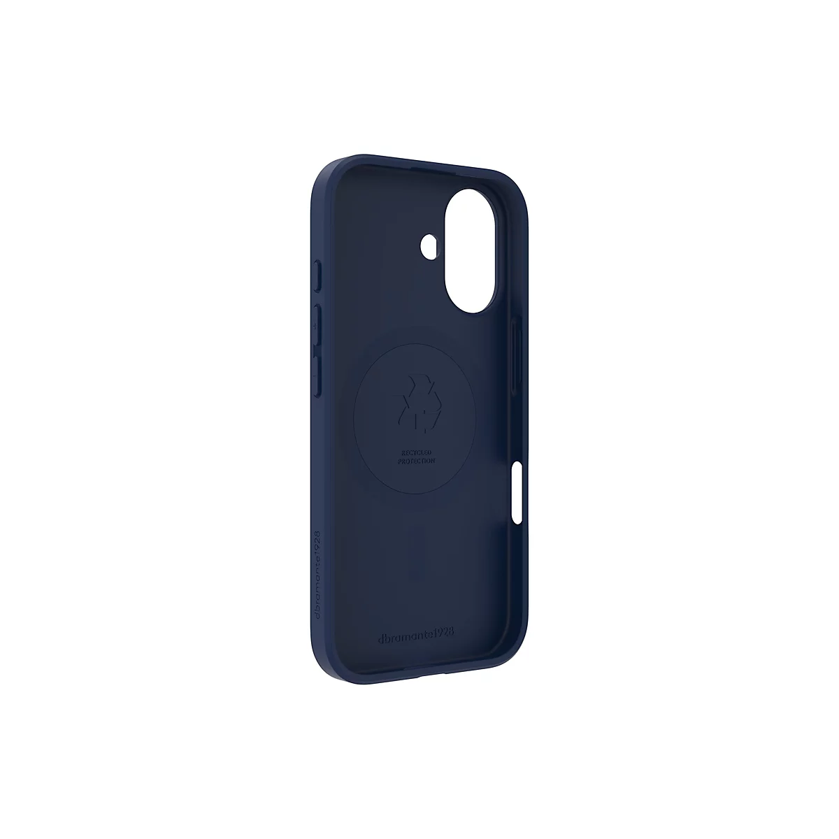 Coque de téléphone bleu foncé en matériau recyclé, dos avec symbole de recyclage et texte 'Recycled Protection'.