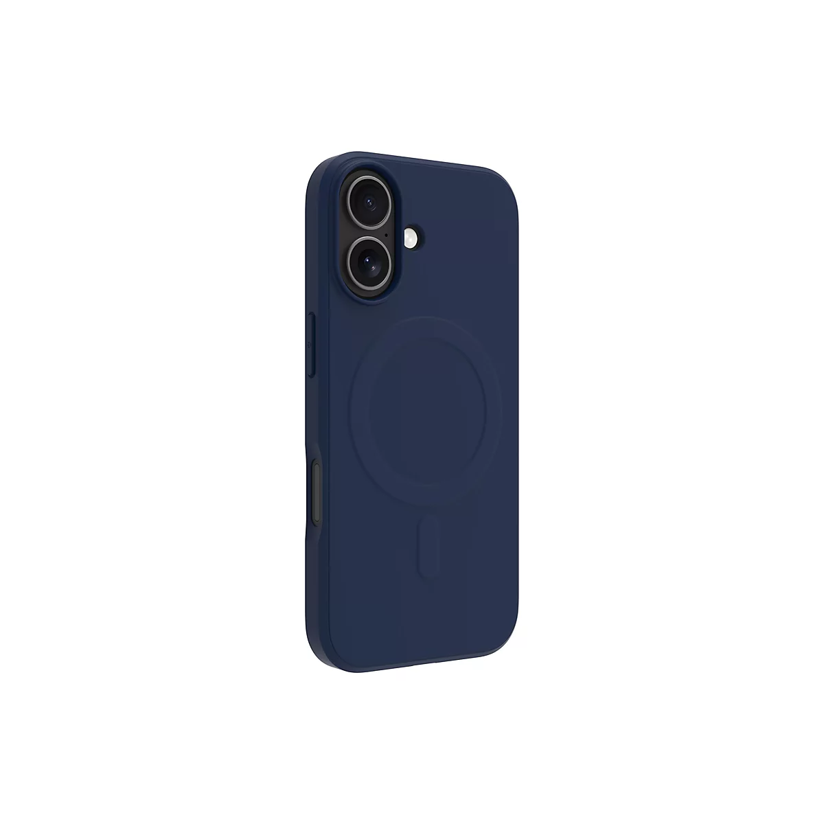 Coque de téléphone bleu foncé. Ouvertures pour l'appareil photo et un cercle magnétique sont visibles.