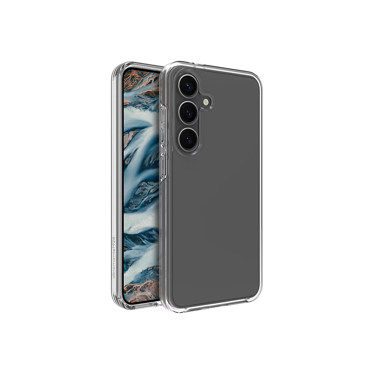 Coque de téléphone transparente avec un téléphone à l'intérieur. Un paysage est visible à l'intérieur.