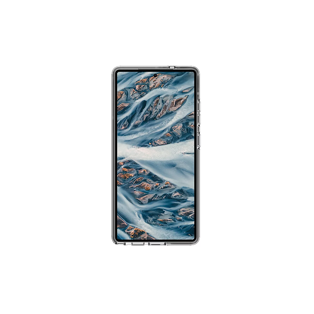 Un smartphone avec un écran paysage sur fond blanc.