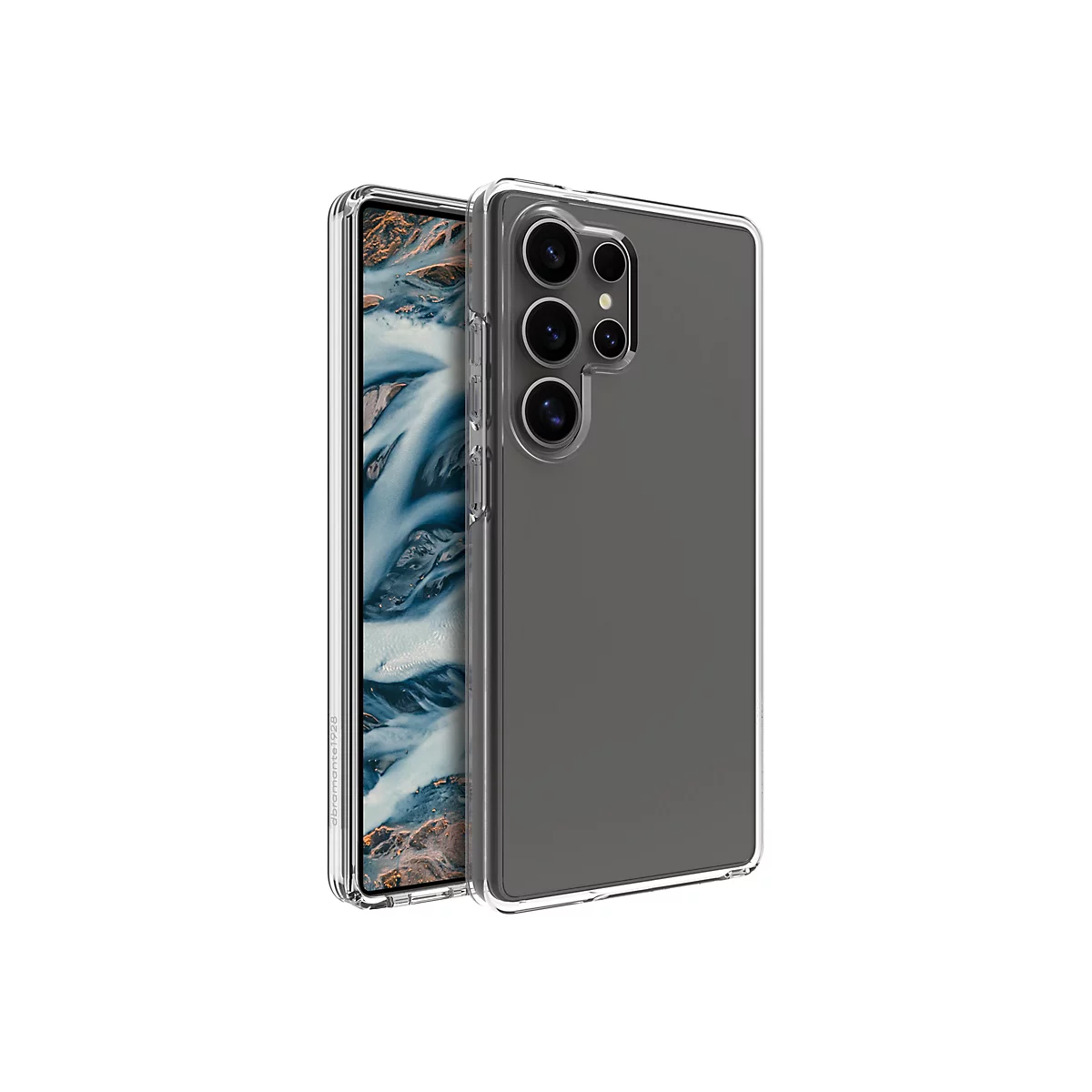 Un smartphone dans un étui de protection transparent, sur fond blanc.