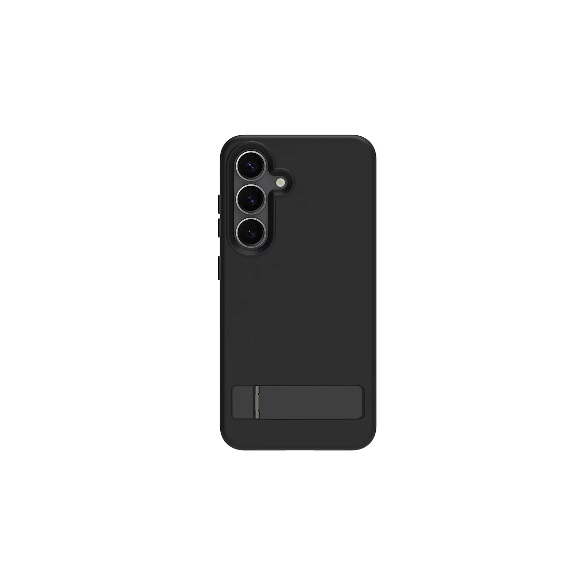 Coque de téléphone noire avec appareil photo et support intégré, sur fond blanc.