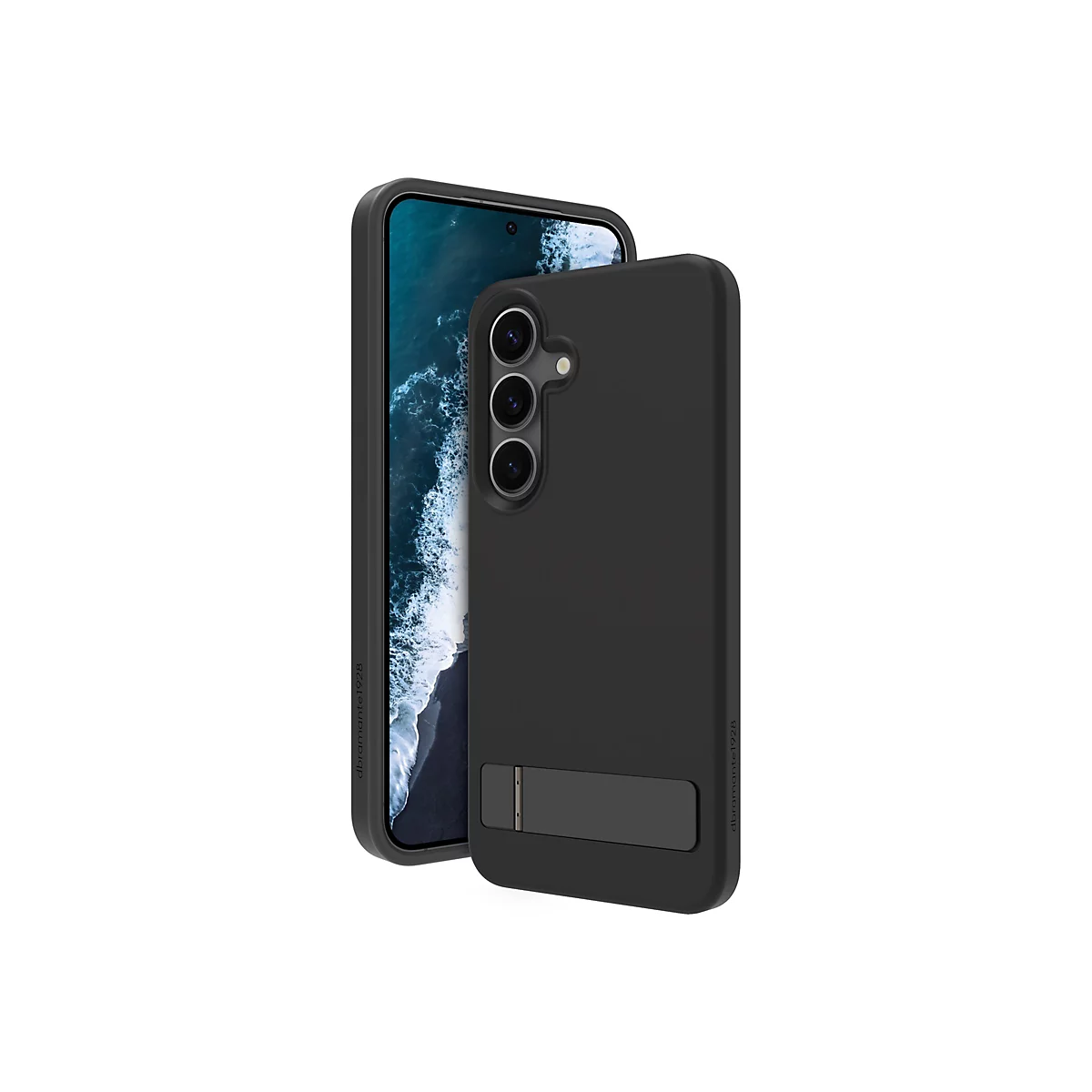 Smartphone noir avec étui, légèrement incliné, support, avec la mer en arrière-plan.