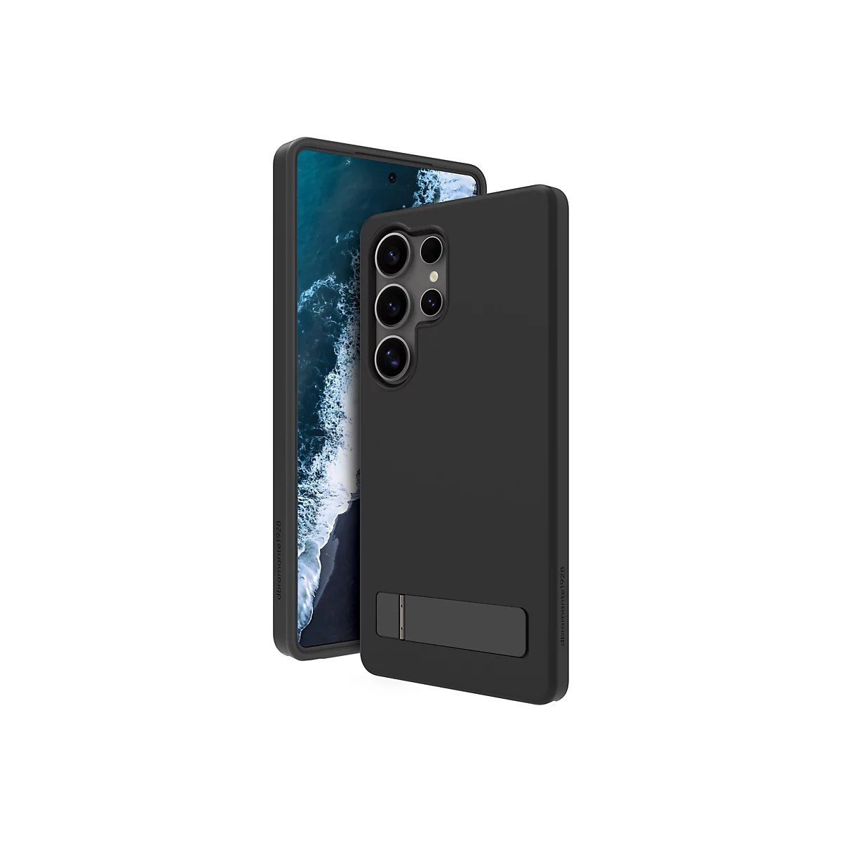 Un smartphone noir avec étui, l'écran montrant la mer. L'étui a un support.