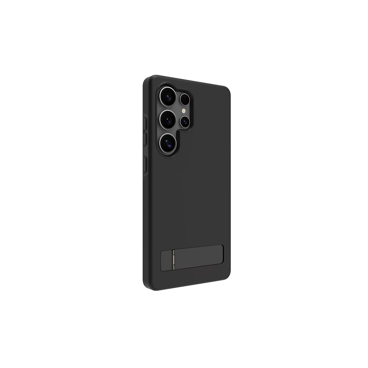 Coque de téléphone noire avec découpes pour appareil photo et support, sur fond blanc.